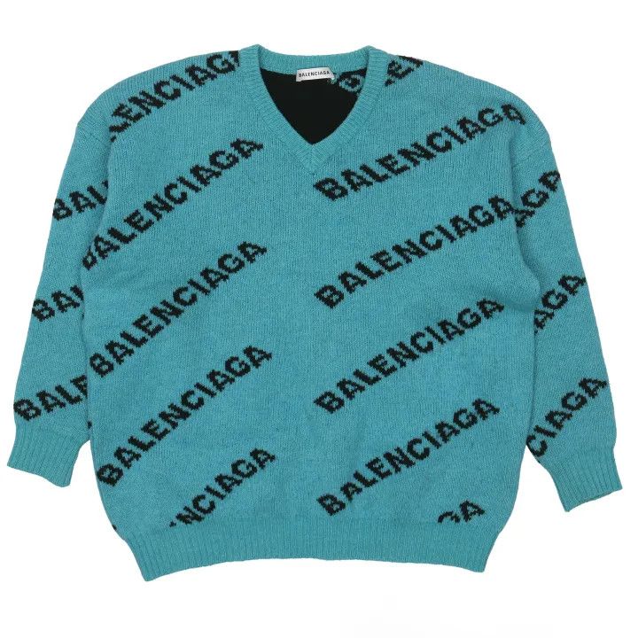 Balenciaga V-Neck Logo Sweater in Blue
