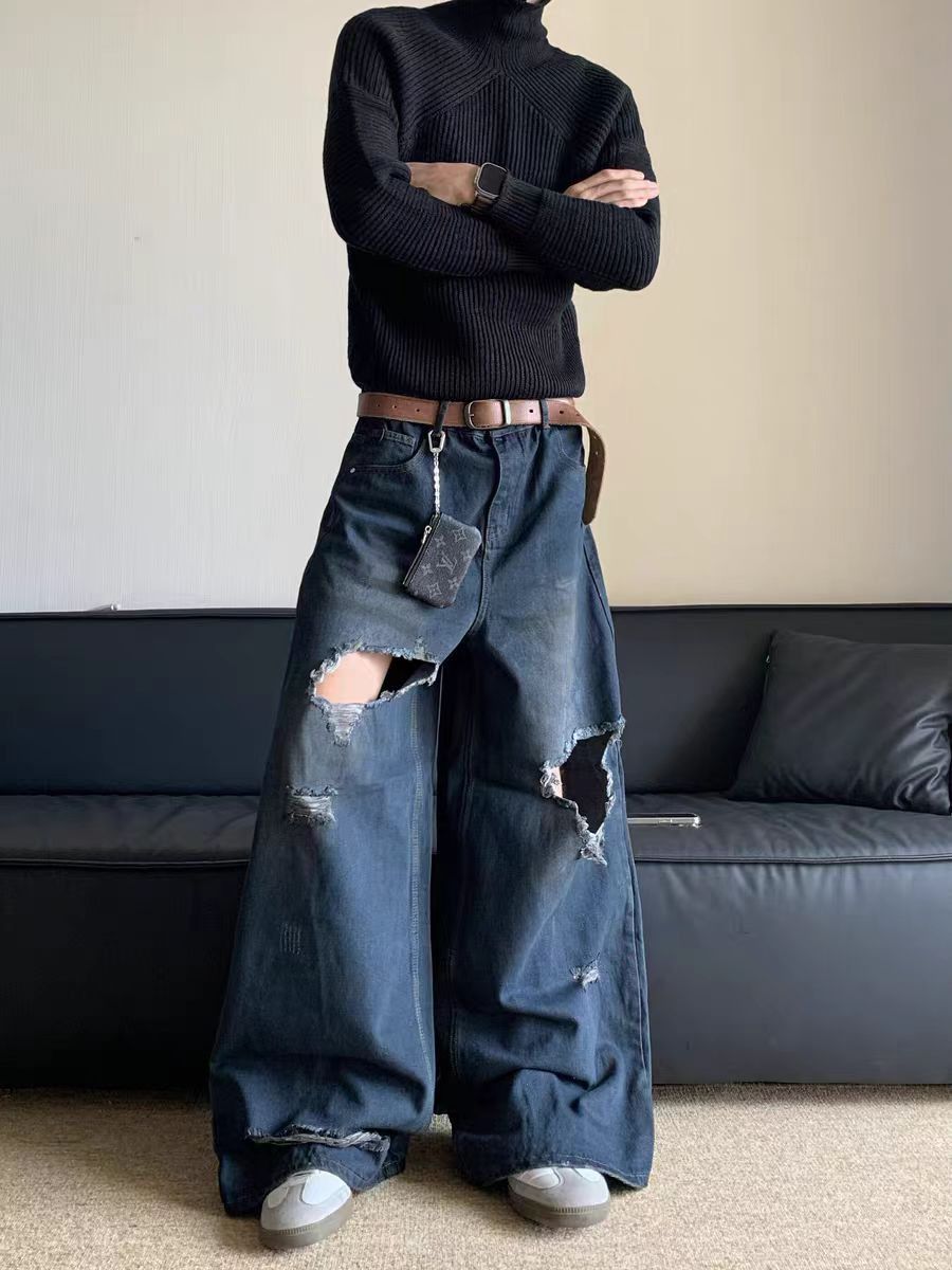 Vintage street wash ripped baggy denim pants