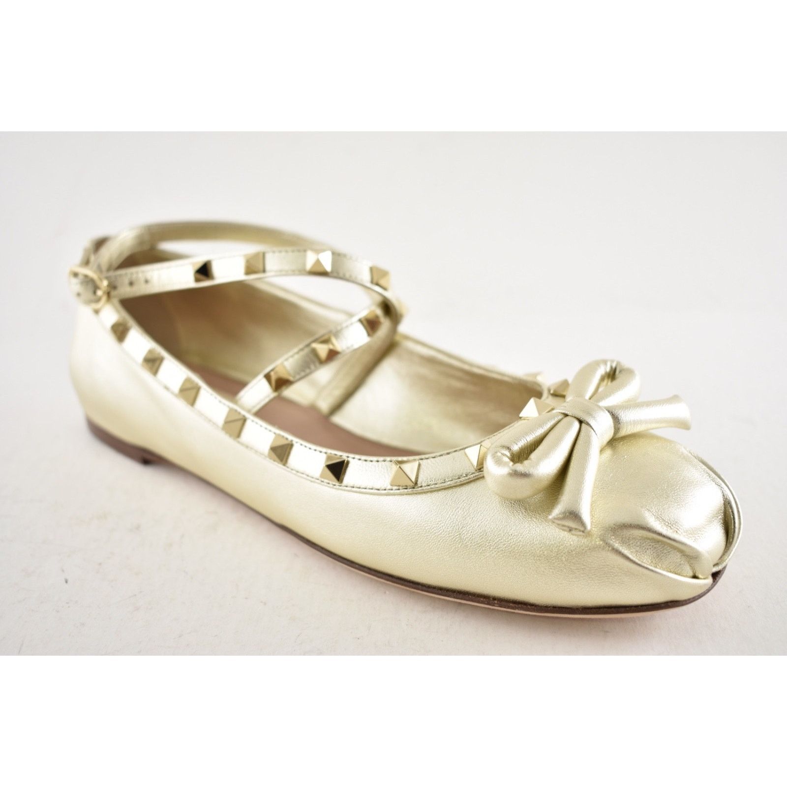 Valentino Valentino Rockstud Platino Gold Stud Ankle Strap Bow Ballet Size US 11 / IT 41 - 6 Thumbnail