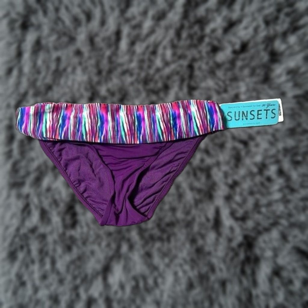 Vintage Sunsets Bikini Bottom M Boho Chic Festival Retro 90s Y2K Fold-Over Waist Purple Women Bottom Mens? Size 32" / US 10 / IT 46 - 1 Thumbnail