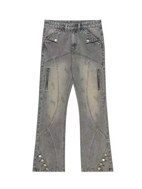 Japanese Brand Retro distressed yellow mud-dyed straight-leg zipper jeans Size US 32 / EU 48 - 3 Thumbnail