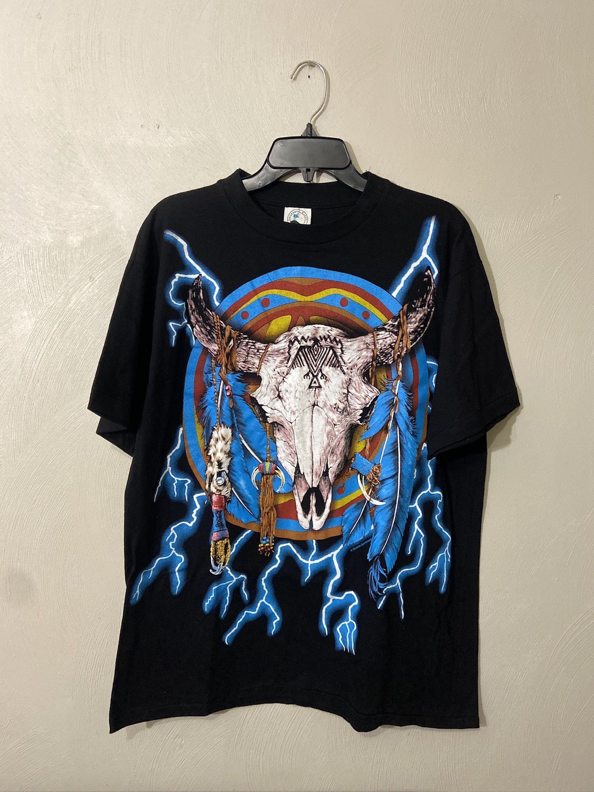image of Hype x Vintage American Thunder Skulls Lightning T Shirt in Black, Men's (Size Large)