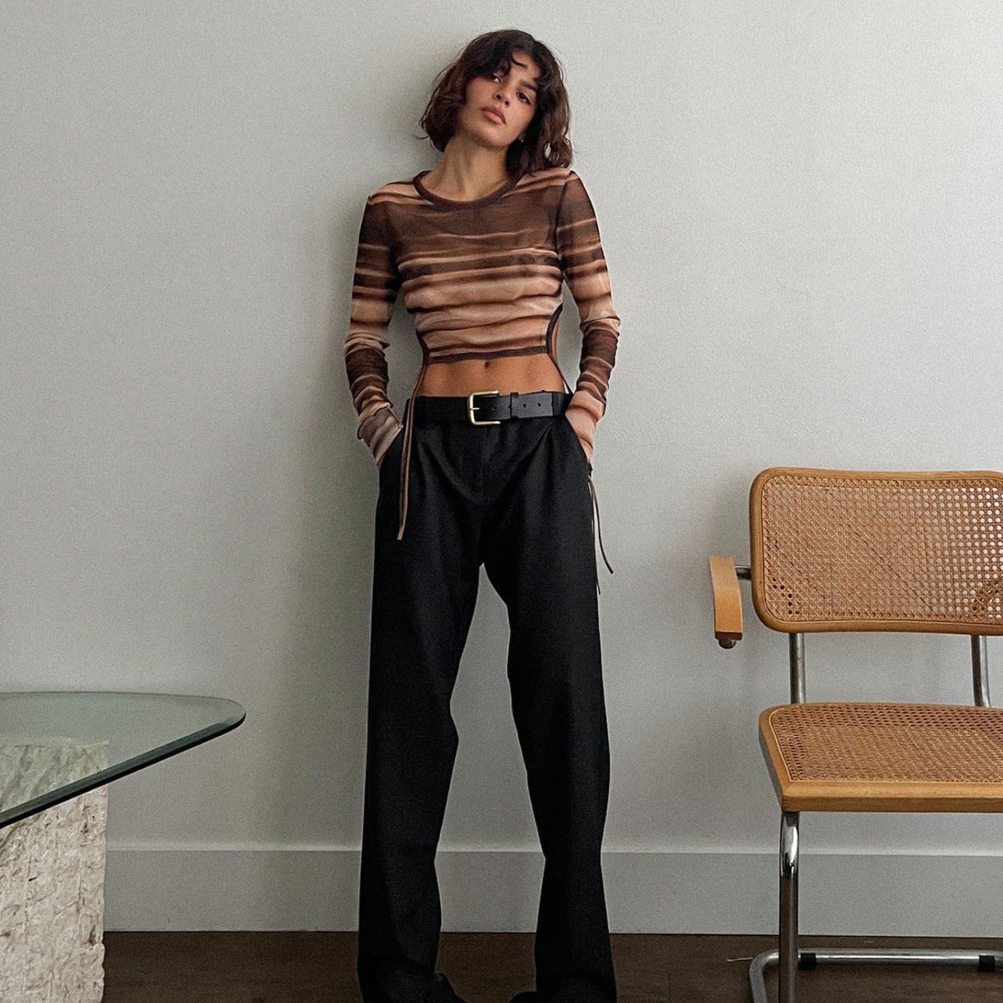 image of Bec Bridge Watercolour Long Sleeve Crop Top in Brown, Women's (Size Small)