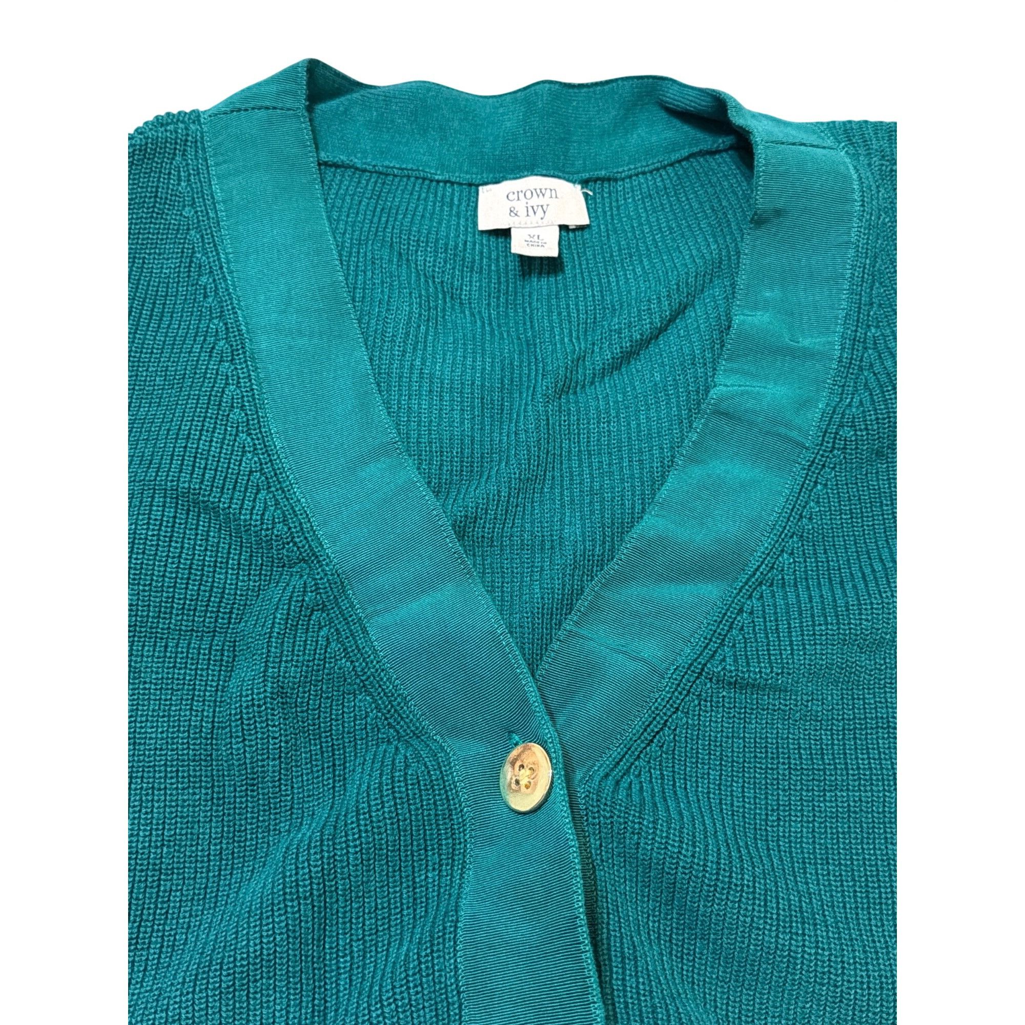 Other Crown & Ivy Green Gold Button Front Cardigan Sweater Side Sl Size XL / US 12-14 / IT 48-50 - 4 Thumbnail