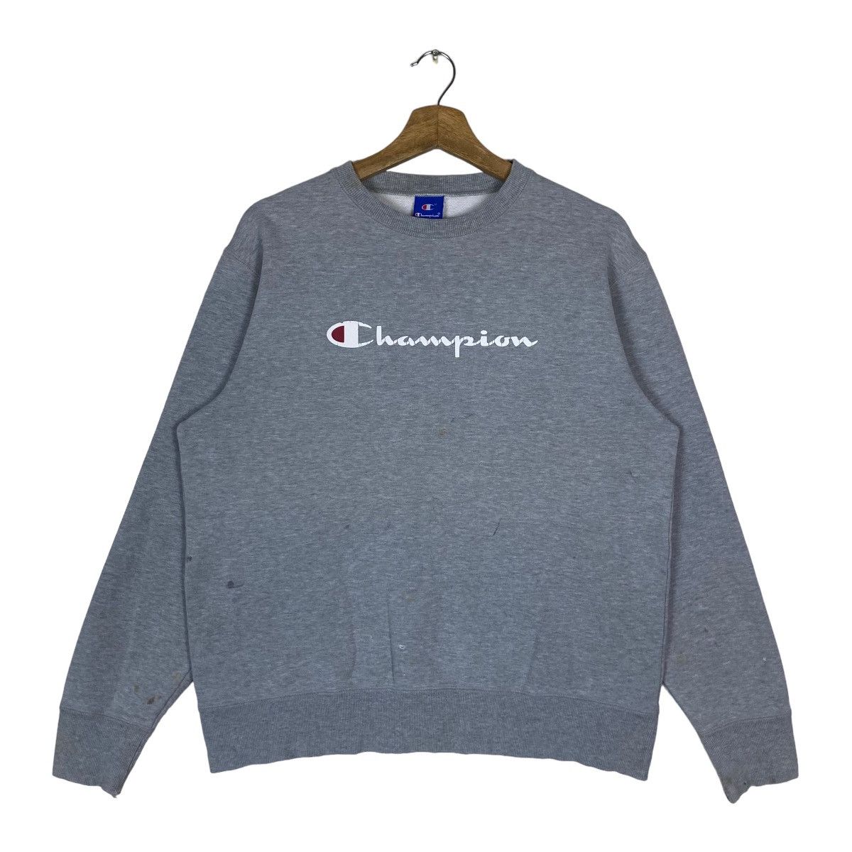 image of Vintage Champion Spell Out Pullover Jumper Sweatshirt in Grey, Men's (Size Large)