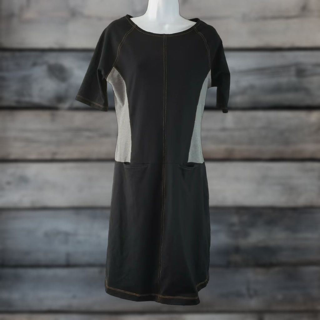 Vintage Sahalie Womens Dress M Black Gray Pockets Elbow Sleeves Cotton Blend Shift Size M / US 6-8 / IT 42-44 - 1 Thumbnail