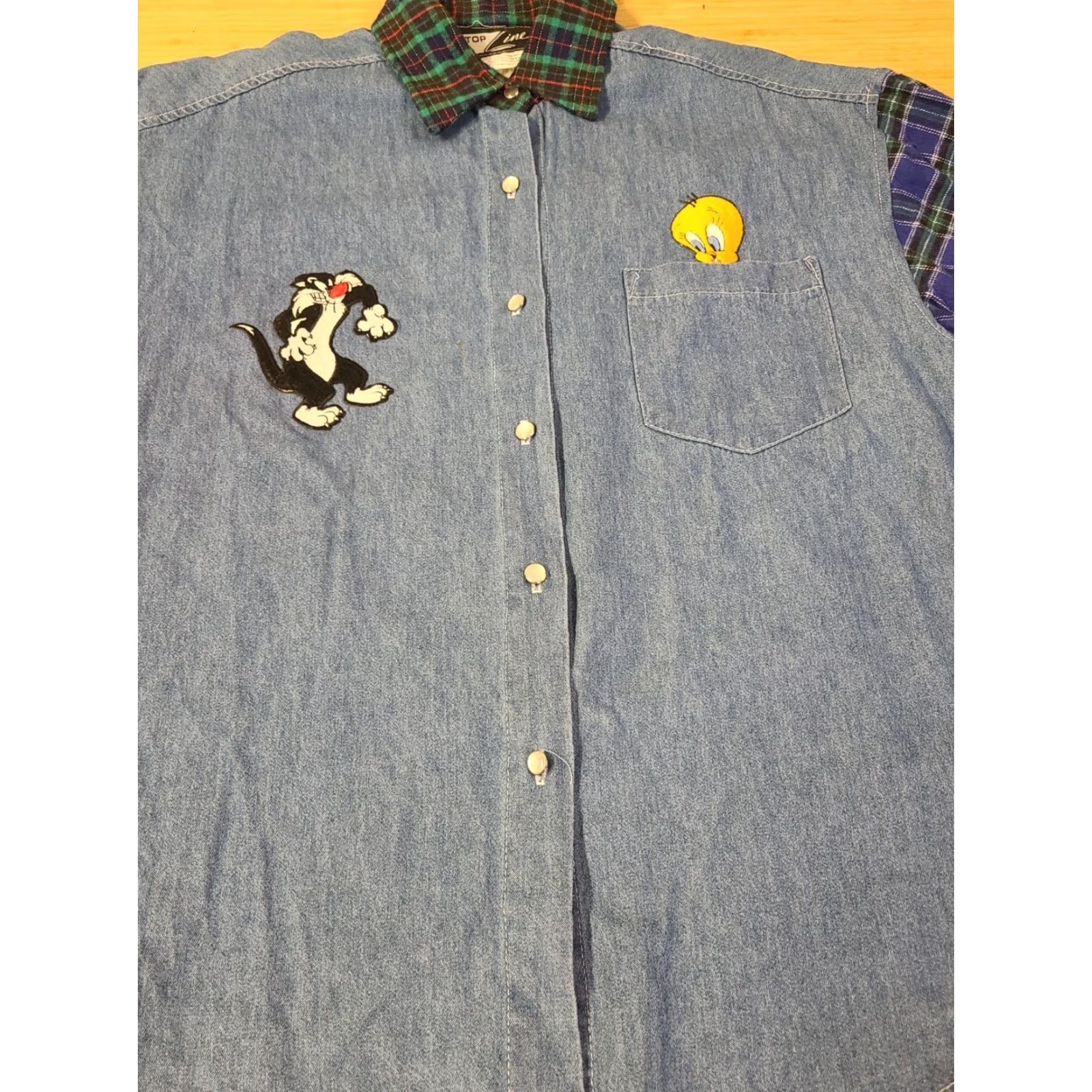 Denime VINTAGE Top Line USA Button-Up Shirt Denim Embroidered Plaid Long Sleeve M Womens Blue 100% Cotton USA 1992 Size M / US 6-8 / IT 42-44 - 2 Thumbnail