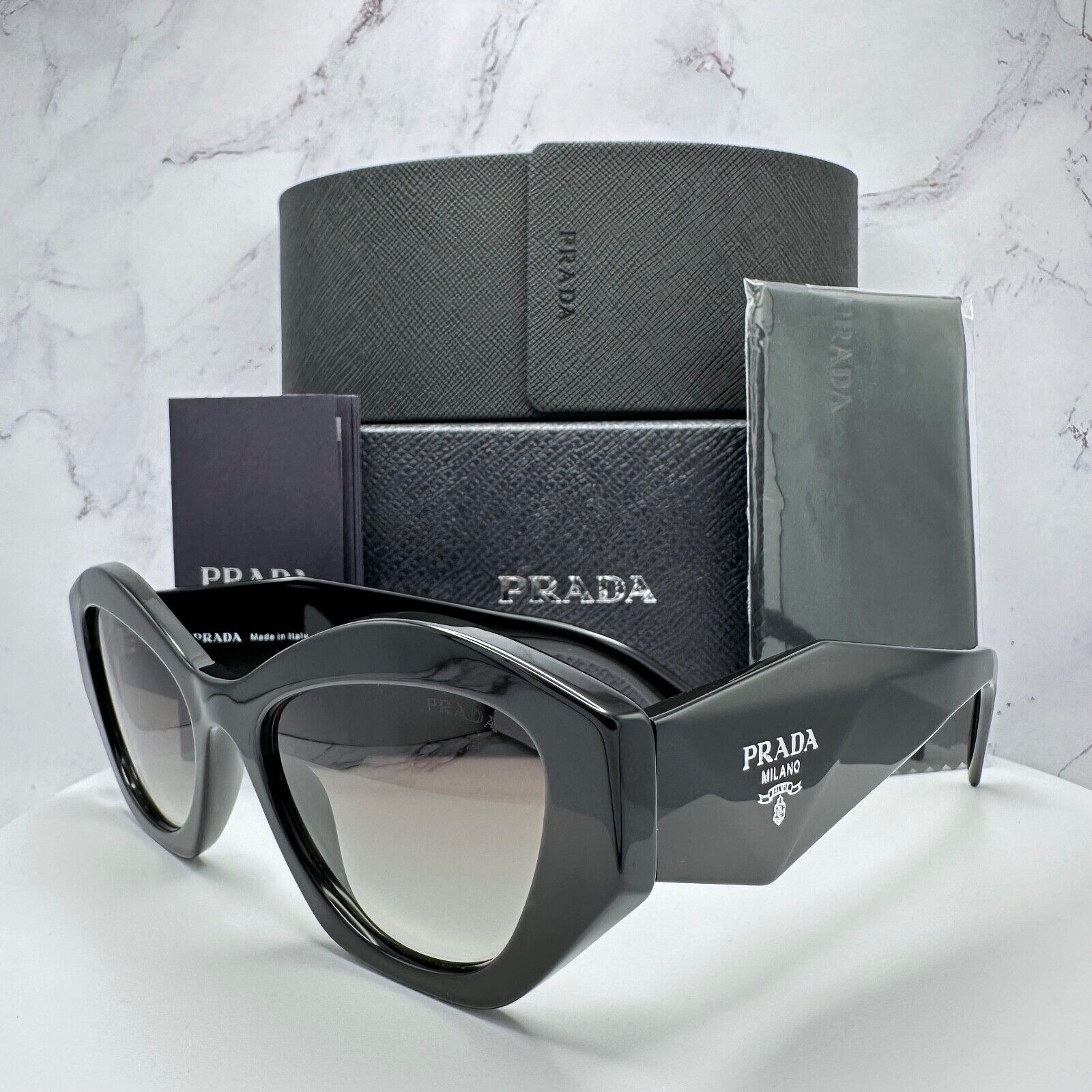 image of Prada Sunglasses Black Silver Symbole Logo Square Cat Eye, Women's