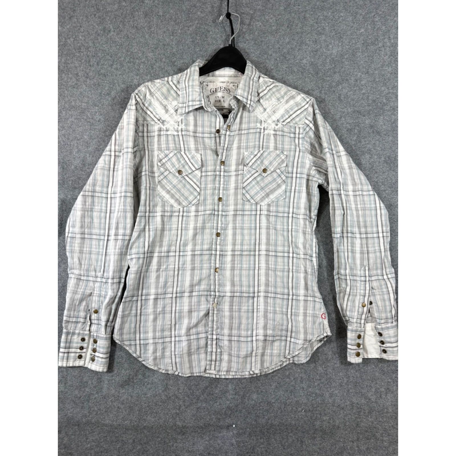 Guess Guess Western Shirt Mens M Gray Plaid Embroidered Snap Front Long Sleeve Cowboy Flap Pockets Size US M / EU 48-50 / 2 - 3 Thumbnail