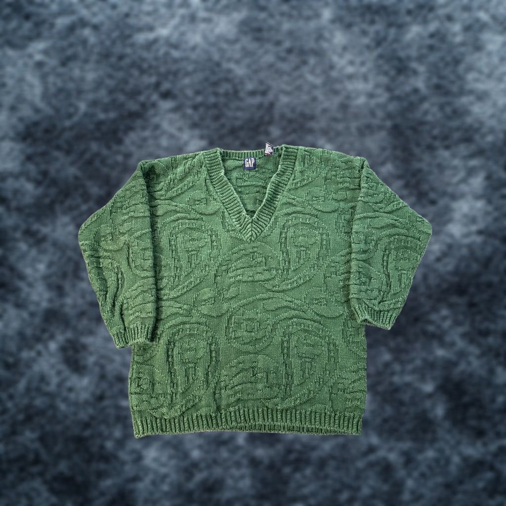 Gap VINTAGE Gap Sweater Womens L V-Neck Green Chunky Knit Fisherman Cotton 90s Mens Womens Girls Size L / US 10 / IT 46 - 1 Thumbnail