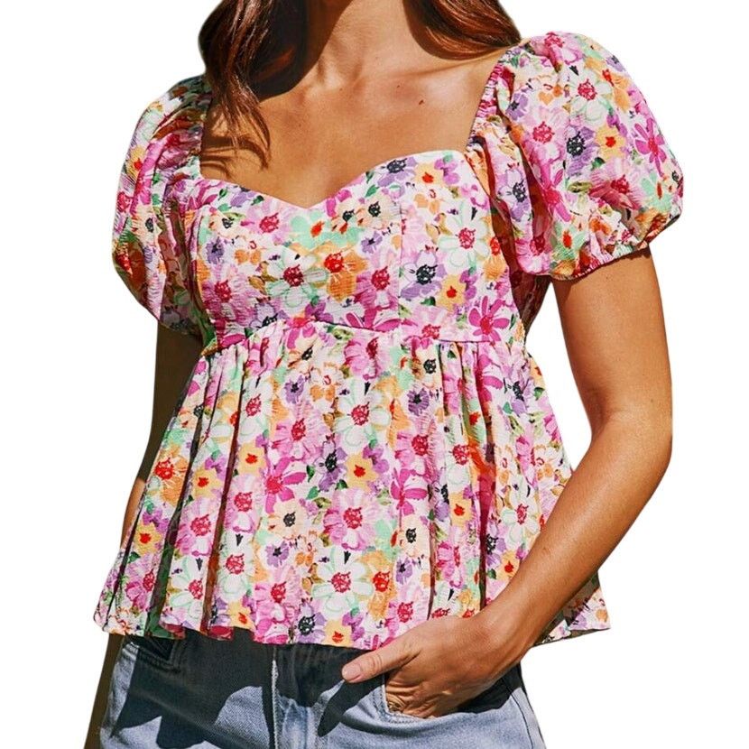 Shein Allover Floral Print Sweetheart Neck Puff Sleeve Blouse, M Size M / US 6-8 / IT 42-44 - 1 Thumbnail