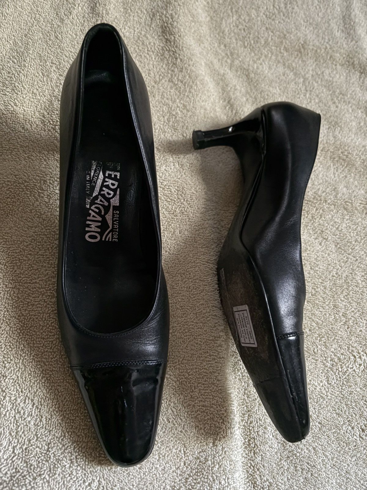 Salvatore Ferragamo 90s black leather heels with patent leather toe cap Size US 4.5 / IT 34.5 - 2 Thumbnail