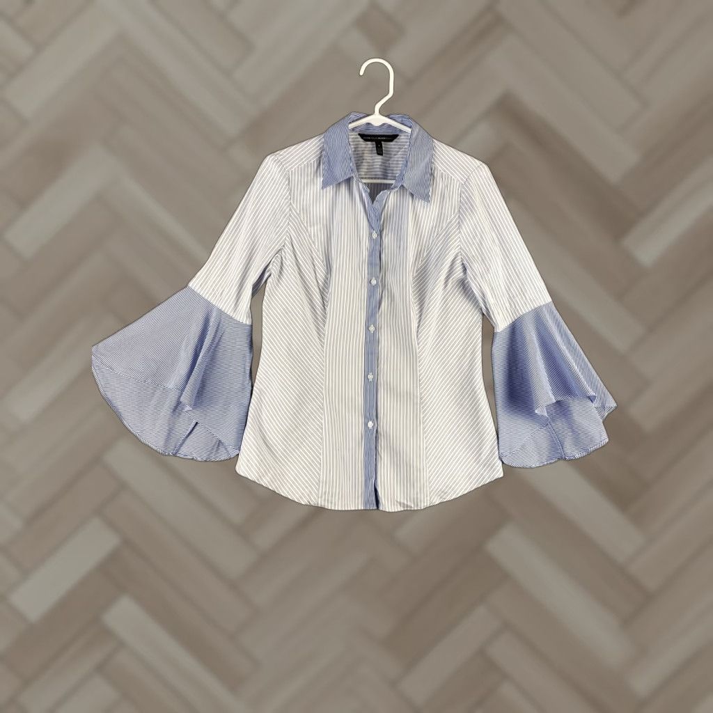 White House Black Market White House Black Market Women's Shirt Size 8 Collared Button-Up Long Sleeve Cotton Nylon Spandex Blue White Stripes Business Wear Size M / US 6-8 / IT 42-44 - 1 Thumbnail