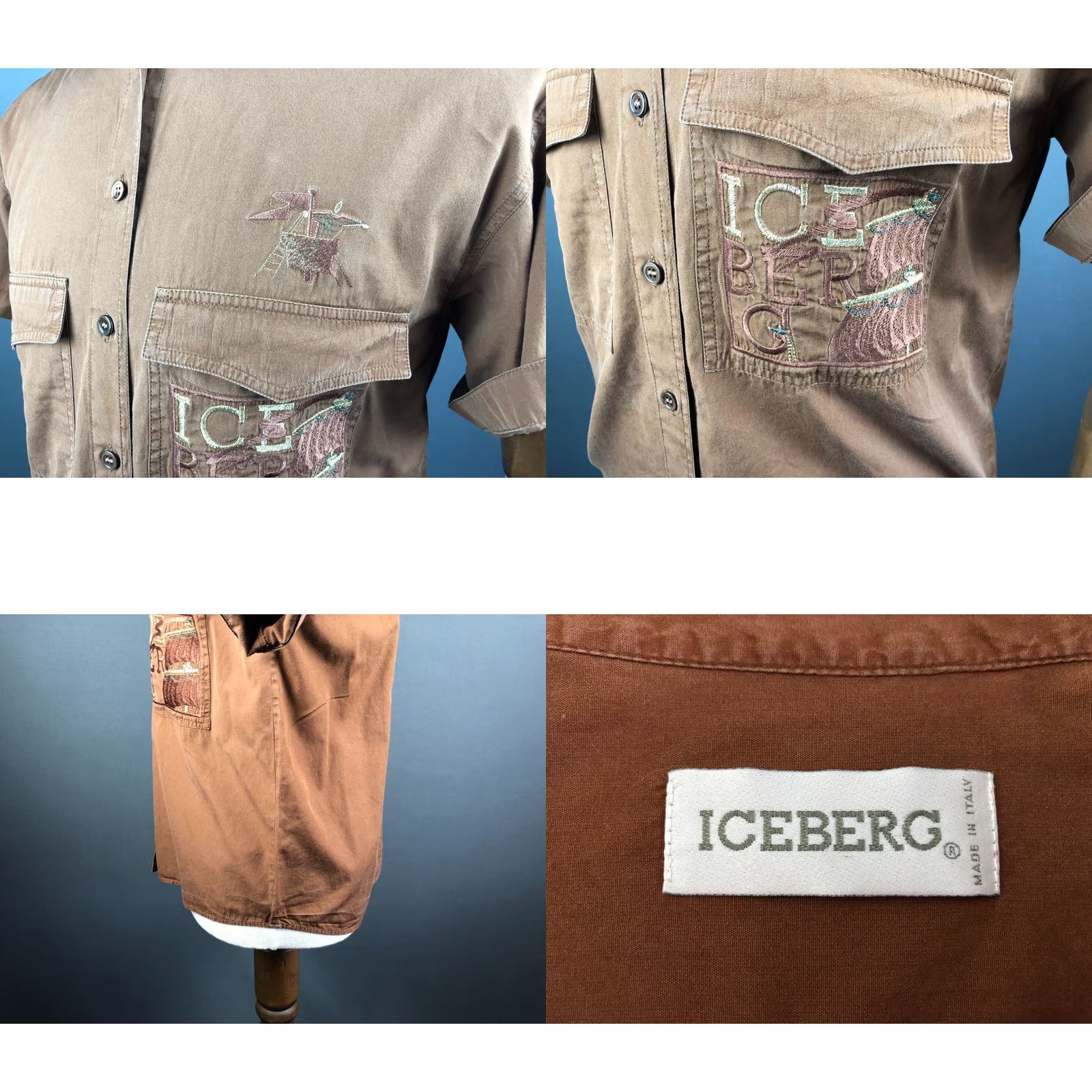 Vintage Iceberg Shirt Men 42 Brown Cotton Short Sleeve Button-Up Collared Chest Pockets Logo Embroidered Vintage No (Regular) Size US XL / EU 56 / 4 - 8 Thumbnail