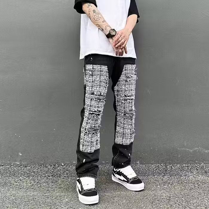 image of Distressed Denim x Jean Double Knee Patchwork Jeans in Black, Men's (Size 32)
