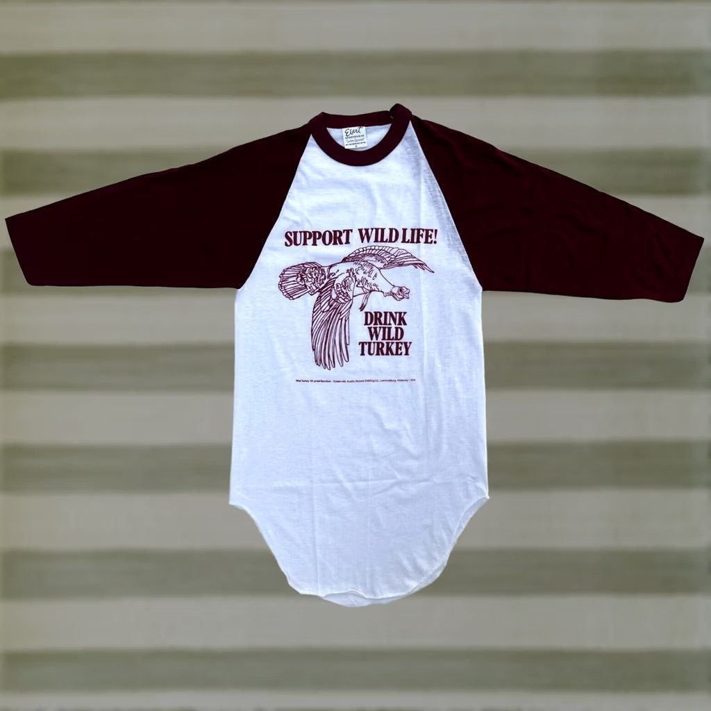 NOS Vintage 1976 Wild Turkey Tee Ebert Single Stitch Made in USA Sz S Shirt Unisex Adults White Maroon 70s Vintage 101 Proof Bourbon