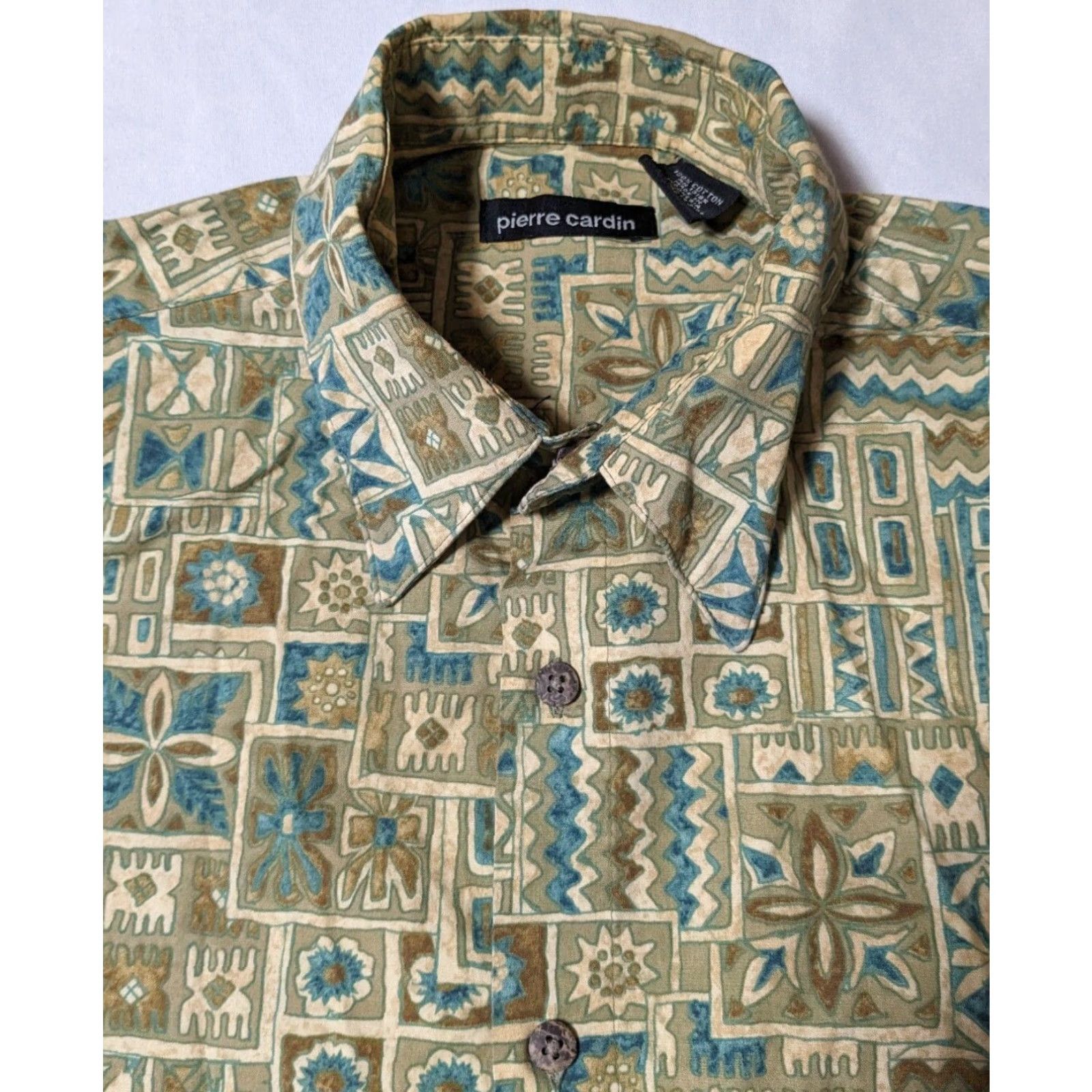 Pierre Cardin VINTAGE Pierre Cardin Men Medium Green Brown Abstract Geo Camp Shirt Size US M / EU 48-50 / 2 - 6 Thumbnail