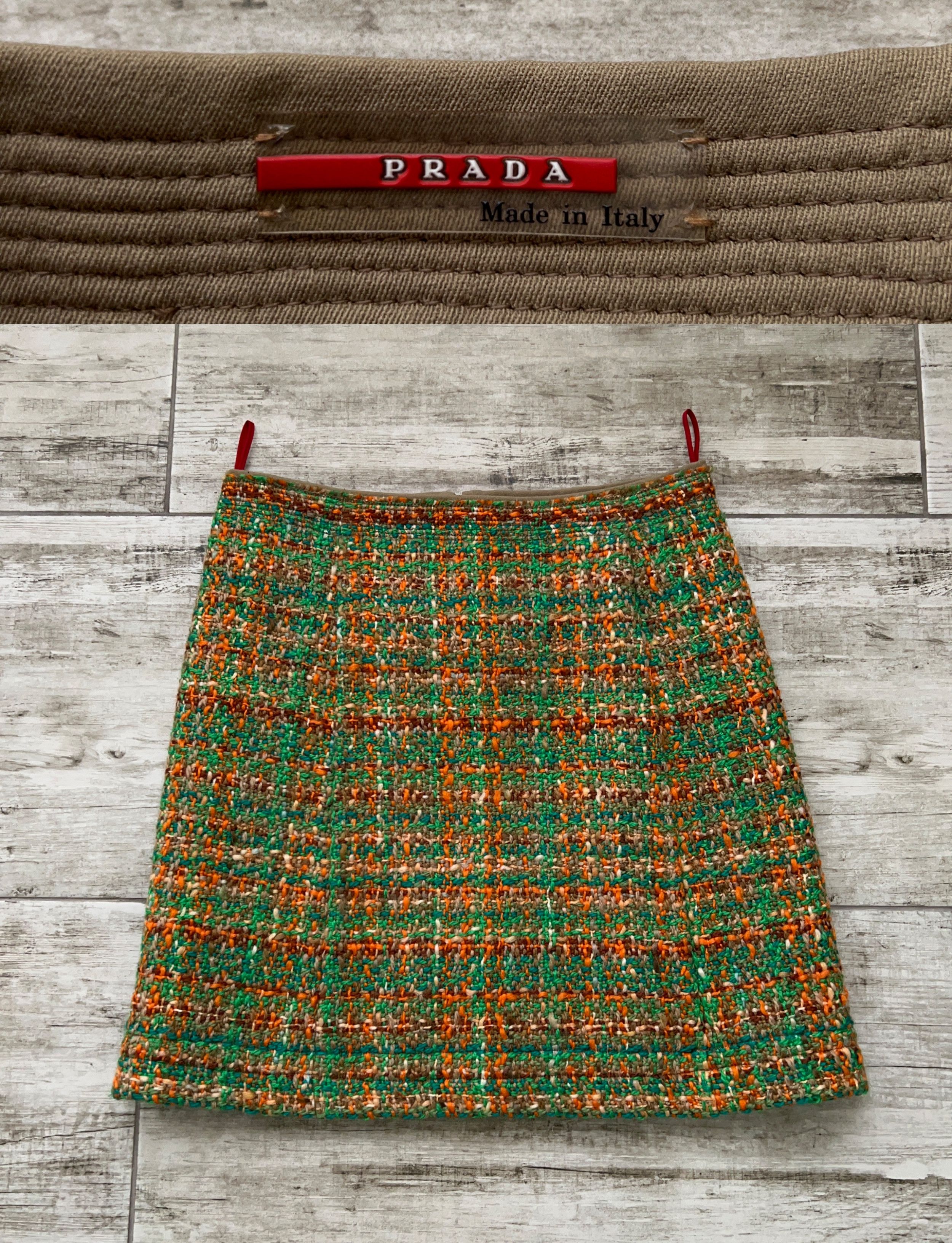 image of Prada Tweed Skirt Knee Length Wool Green Multicolor, Women's (Size 27)
