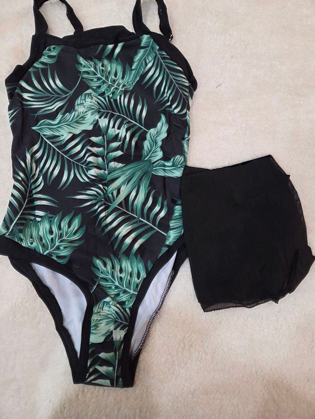 Other Juniors One Piece Swimsuit with cover L Black Green Tropical Size ONE SIZE - 9 Thumbnail