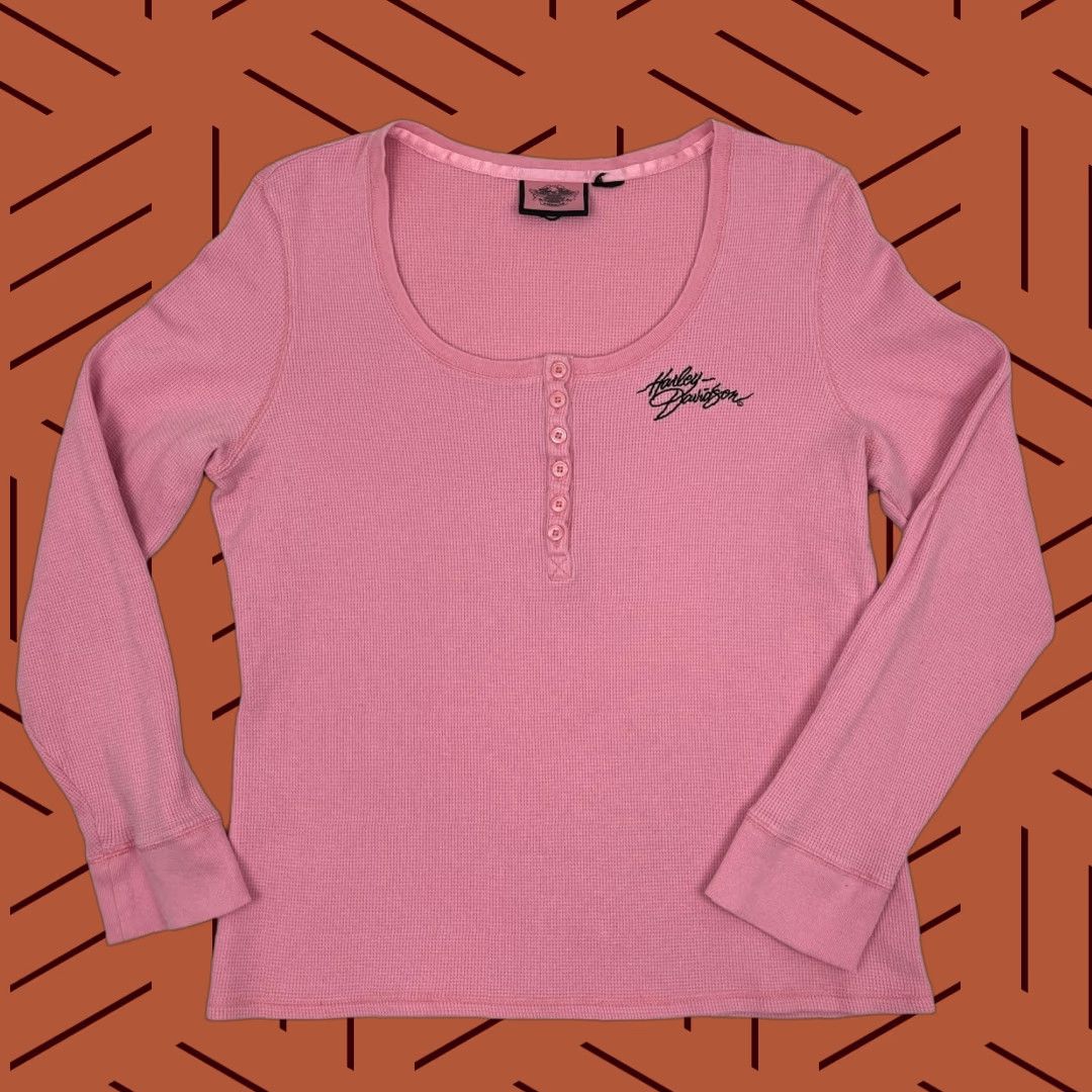 Harley Davidson Harley-Davidson Shirt Womens L Pink Embroidered Thermal Waffle Henley Y2K Size L / US 10 / IT 46 - 1 Thumbnail