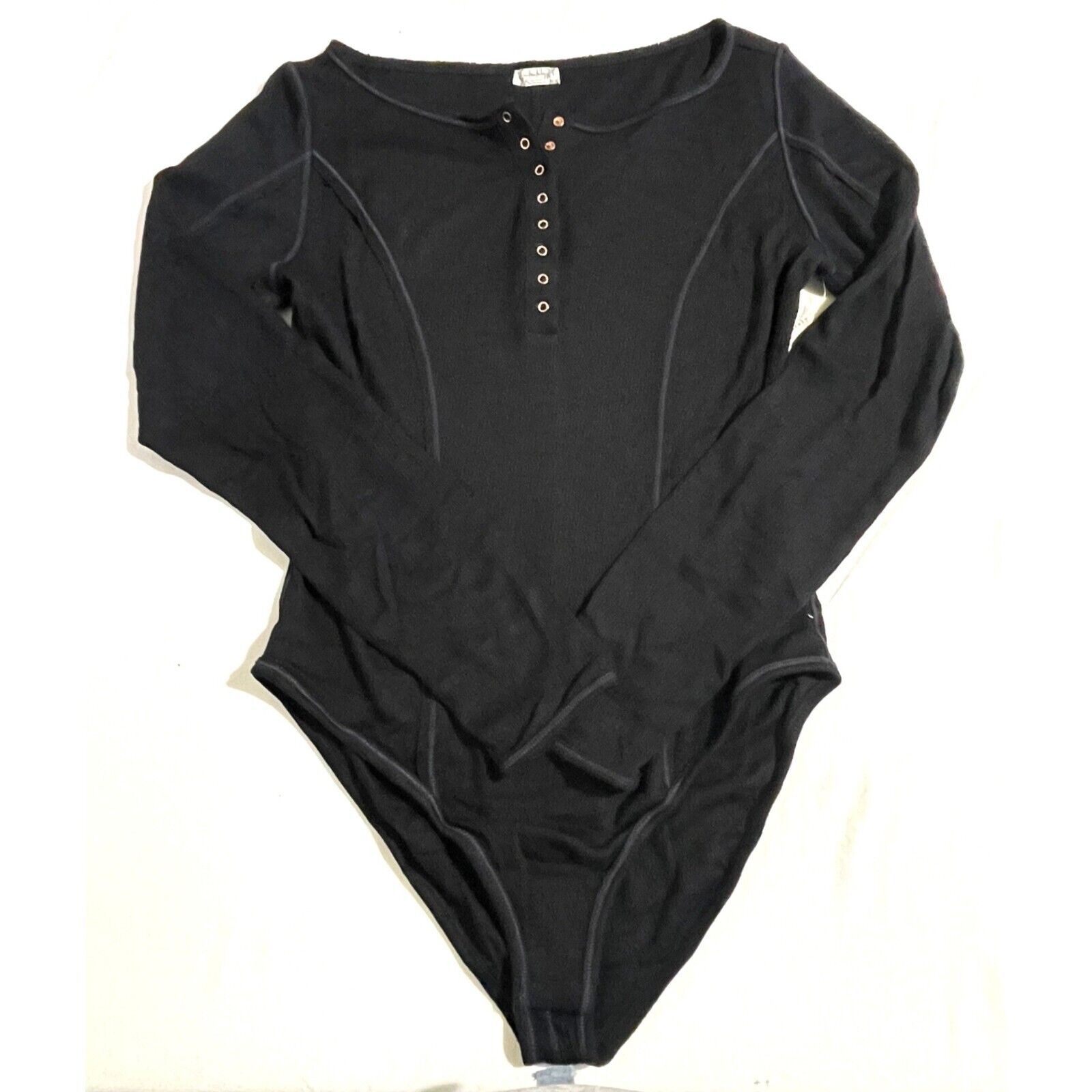 Free People Free People Bodysuit Sloane Thermal Button Neck Black Large Size L / US 10 / IT 46 - 8 Thumbnail