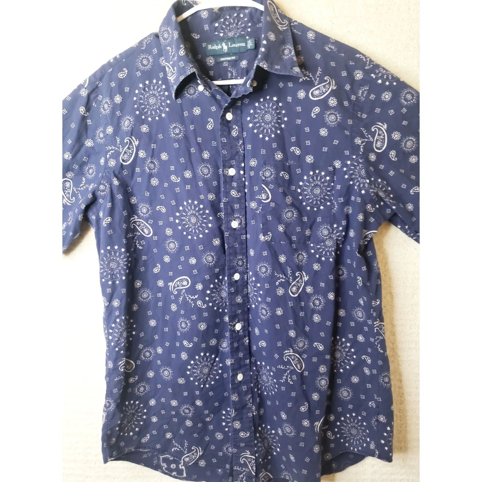 Ralph Lauren Ralph Lauren Custom Fit Men's L Navy Blue Star Burst Paisley Short Sleeve Button-Up Shirt Size US L / EU 52-54 / 3 - 3 Thumbnail