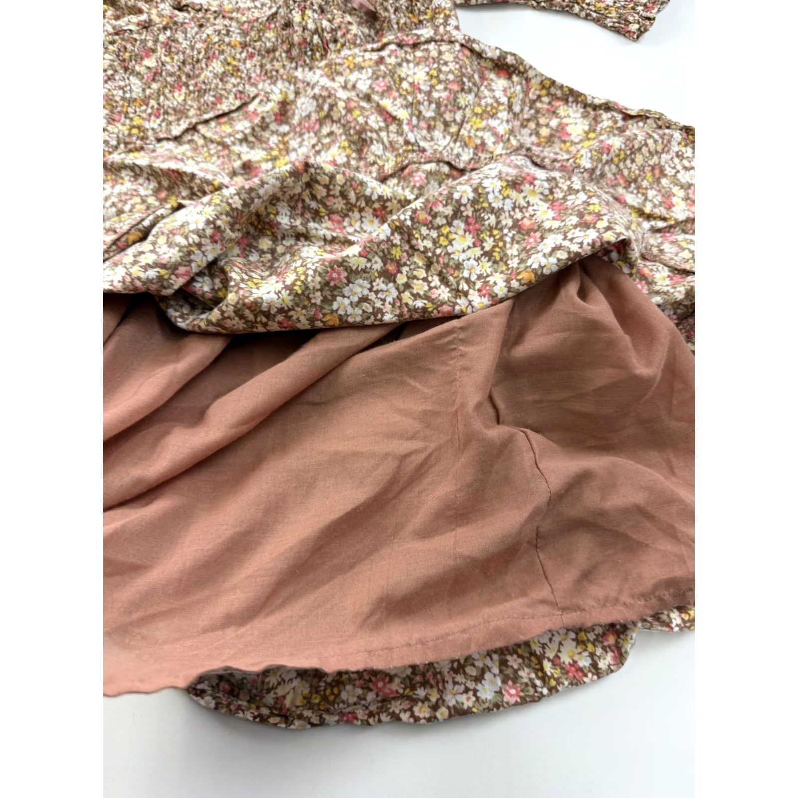 Vintage Sim & Sam Dress Womens Small Brown Floral Smocked Off Shoulder Ruffle Hem Mini Size S / US 4 / IT 40 - 5 Thumbnail