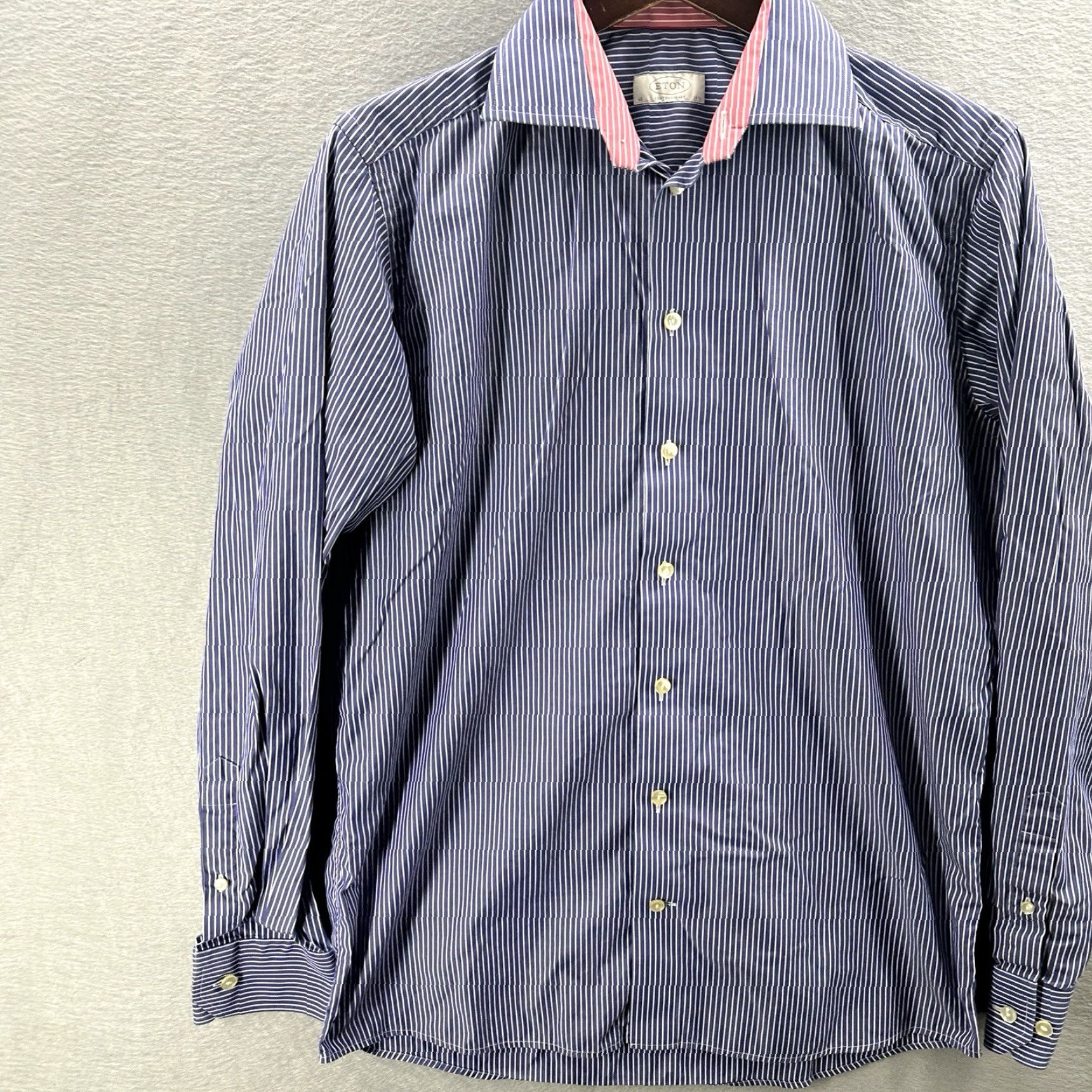 Eton Etón Dress Shirt Mens 15.5 40 15 3/4 Pink Blue Stripe Cotton Contemporary Quiet Lux Dress Shirt Mens Regular Blue Striped 40 15.5 Mens Gender: Mens Size 40R - 3 Thumbnail