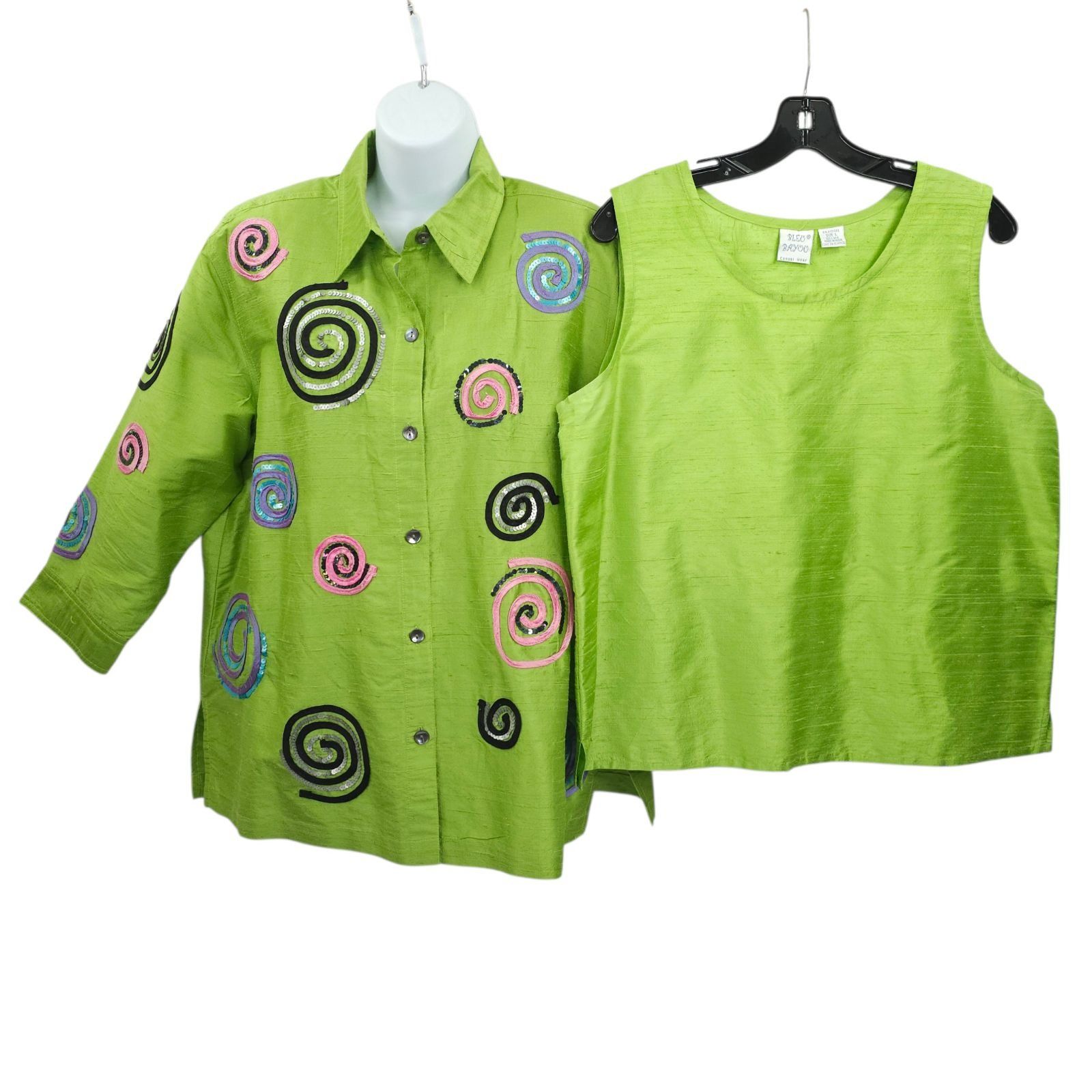 Other Bleu Bayou Jacket Tank 2pc Set L Lime Green Silk Sequin Size L / US 10 / IT 46 - 1 Thumbnail