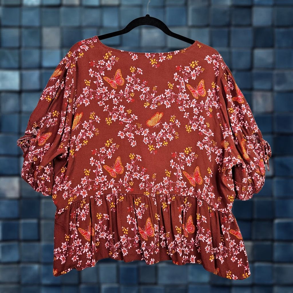 Madewell Madewell Women's Blouse Floral V-Neck Short Sleeve Rust Brown Size 20 Regular Size 3XL / US 20-22 - 1 Thumbnail