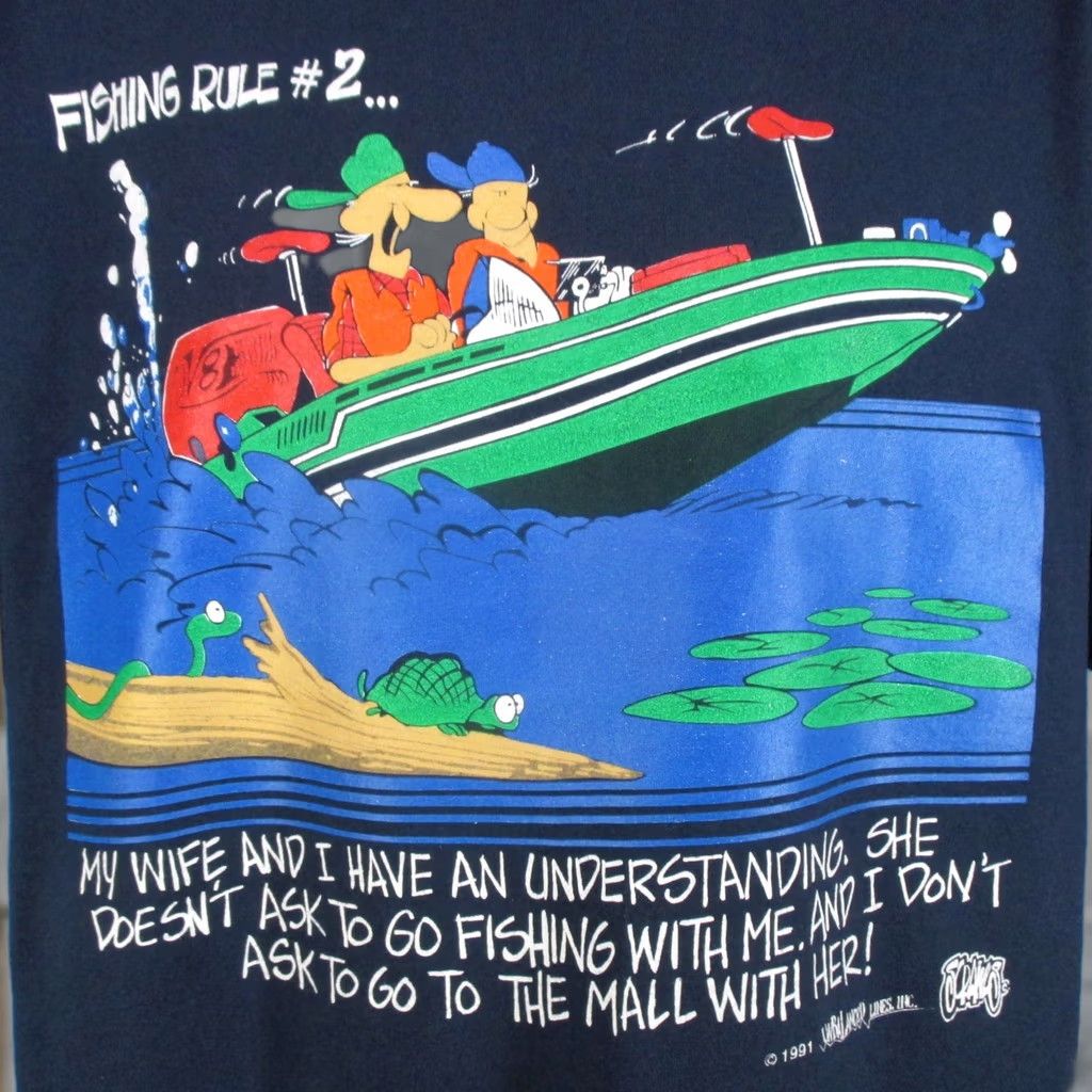 Vintage VINTAGE 90s FISHING WIFE JOKE T-Shirt XL UNBALANCED LINES CARTOON 80s Size US XL / EU 56 / 4 - 1 Thumbnail