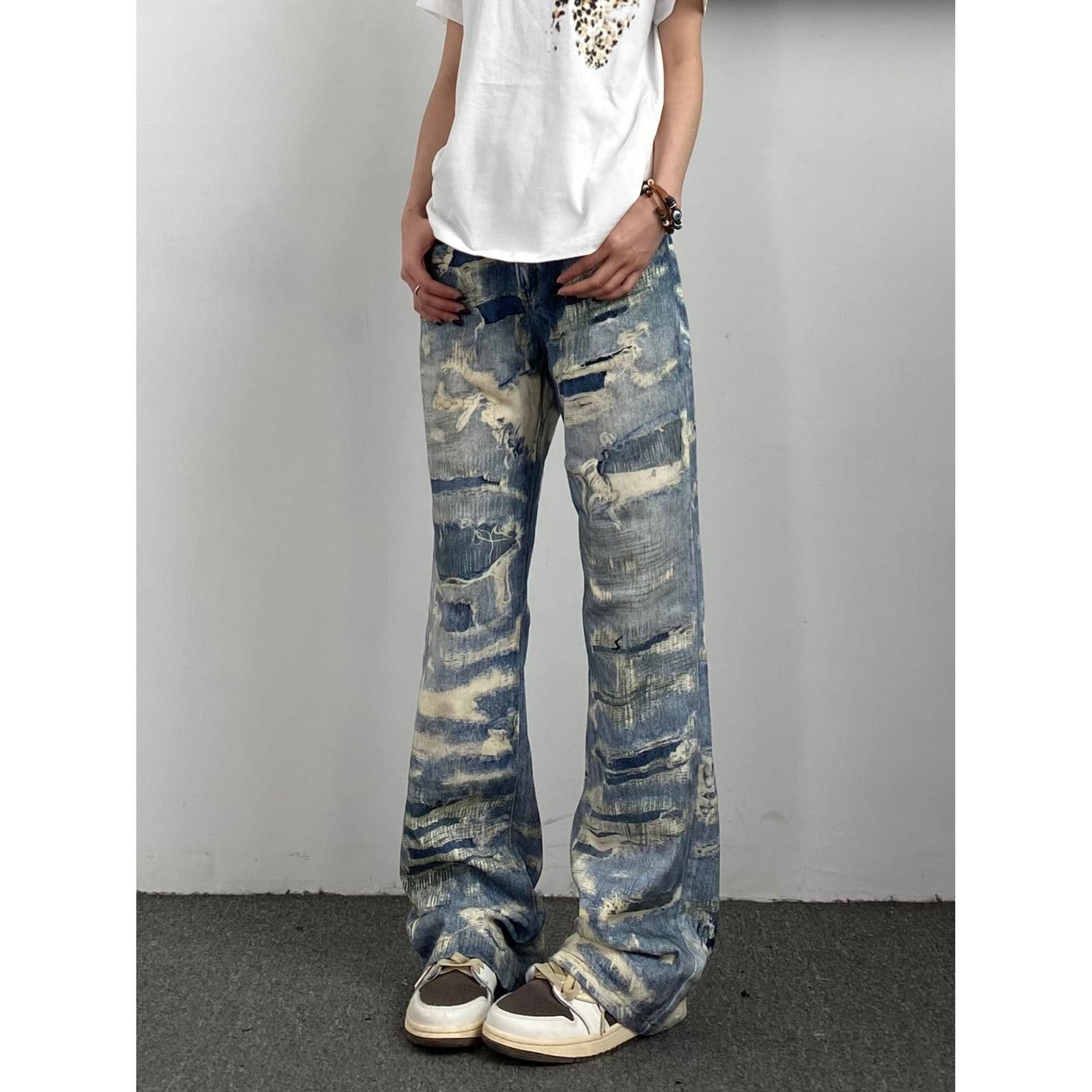 Vintage Tie Dye Washed Ripped Straight Leg Stacked Flared Jeans Size US 32 / EU 48 - 3 Thumbnail