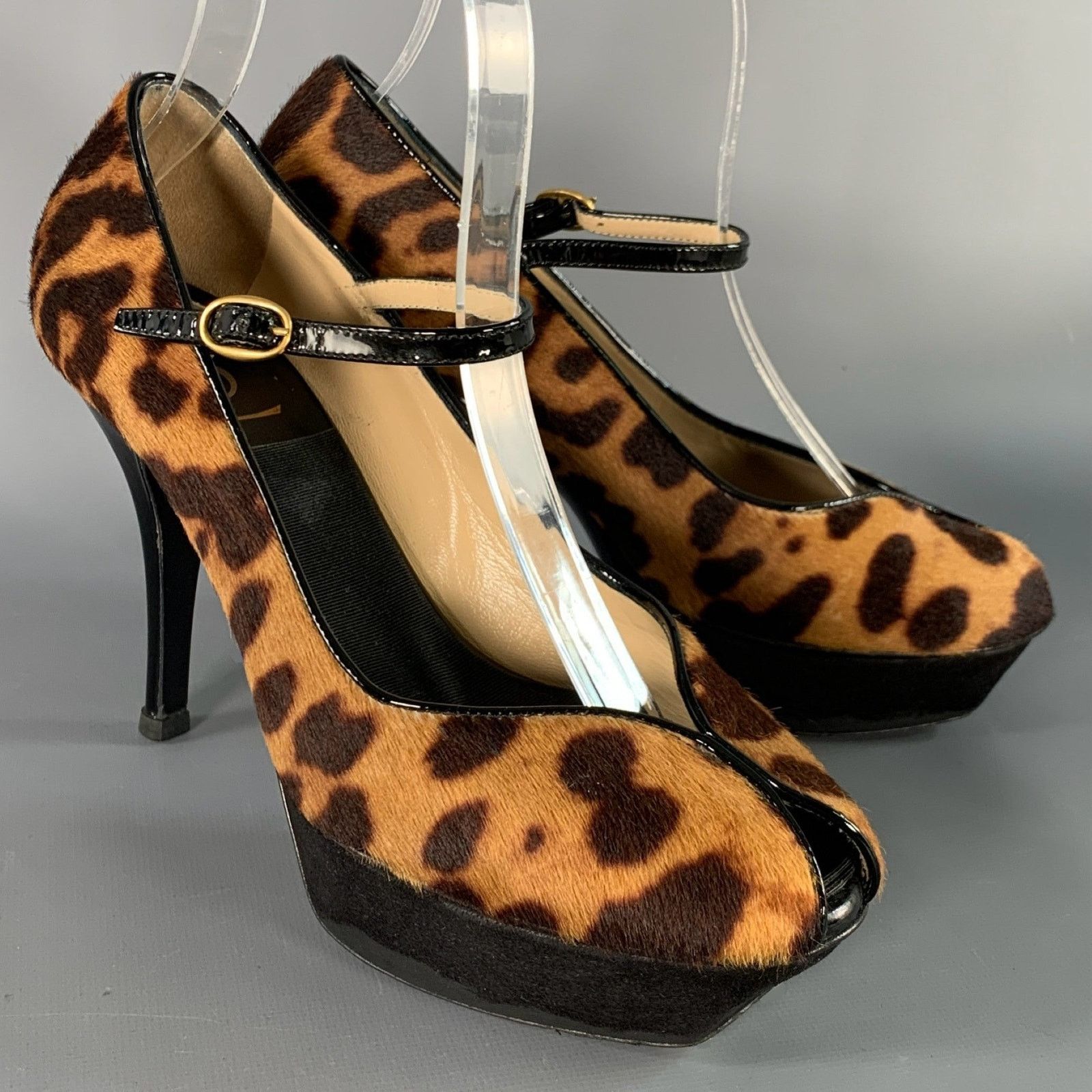 Yves Saint Laurent Tribute Brown Black Calf Hair Animal Print Platform Sandals Size US 6 / IT 36 - 1 Thumbnail
