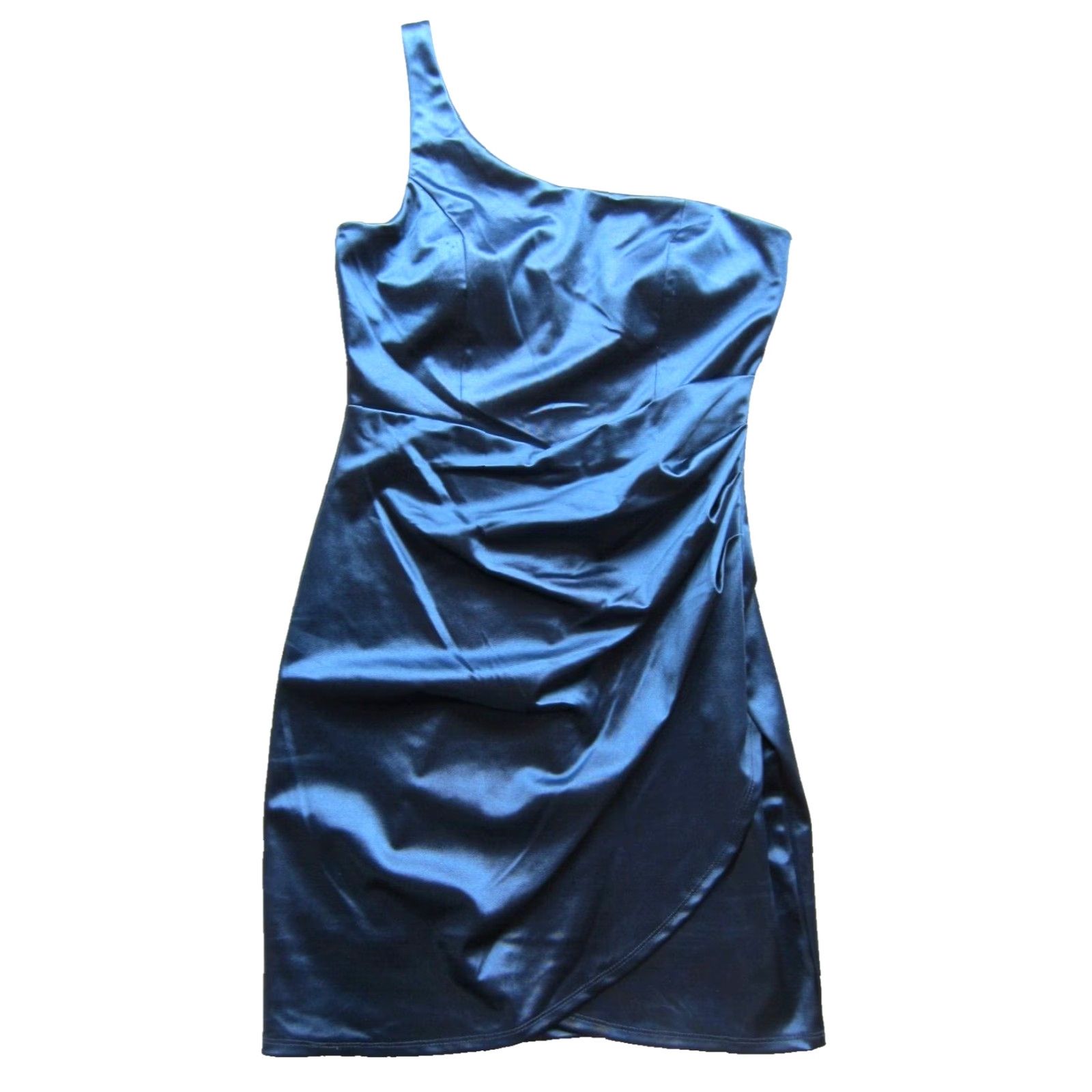 Vintage NWT Emerald Sundae Blue Satin Stretch One Shoulder Ruched Fitted Dress M Size M / US 6-8 / IT 42-44 - 2 Thumbnail