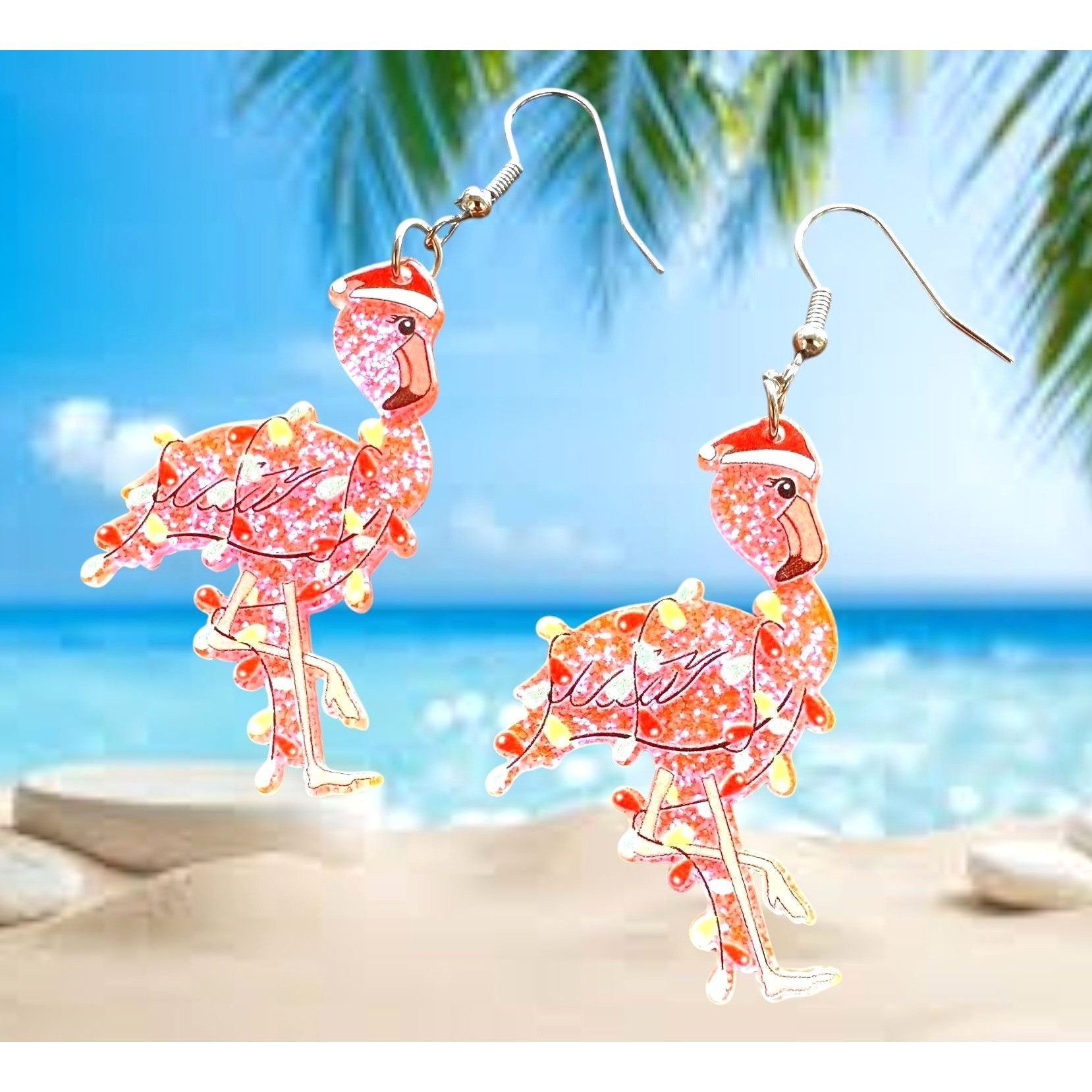 Handmade Christmas Flamingo Earrings New Santa Hat Holiday Lights Gli Size ONE SIZE - 1 Thumbnail