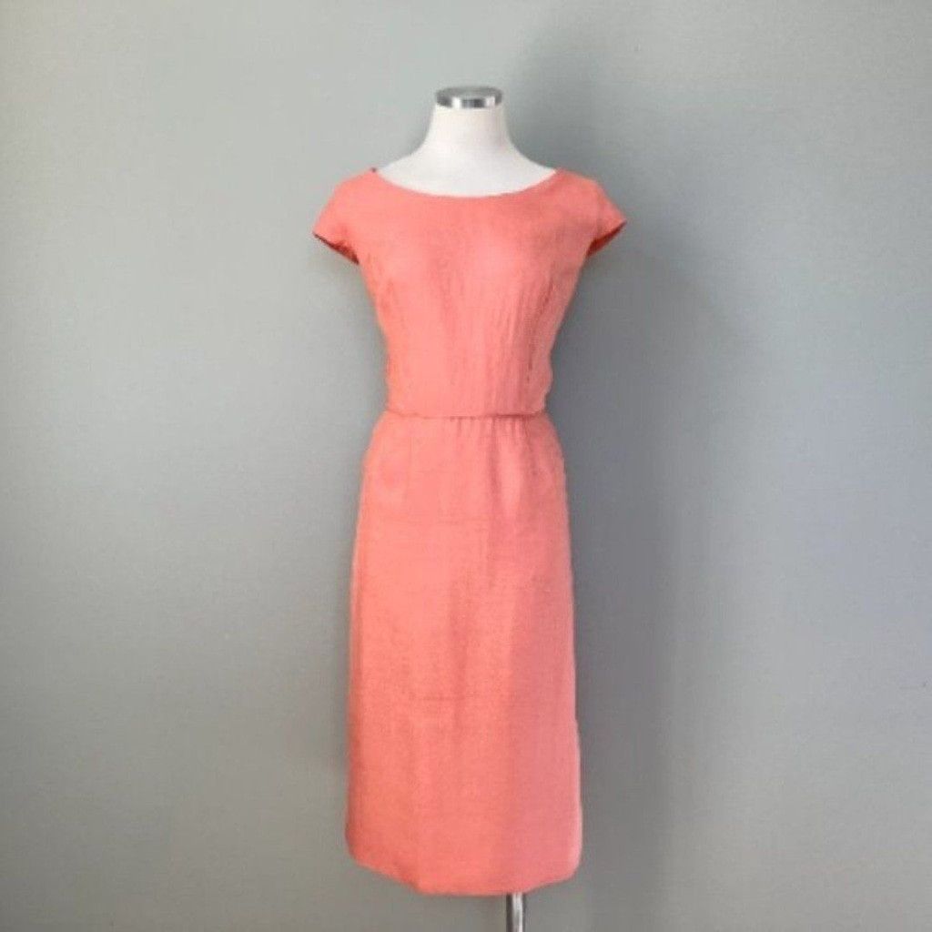 Vintage 1950s Peach Silk Linen Short Sleeve Summer Dress