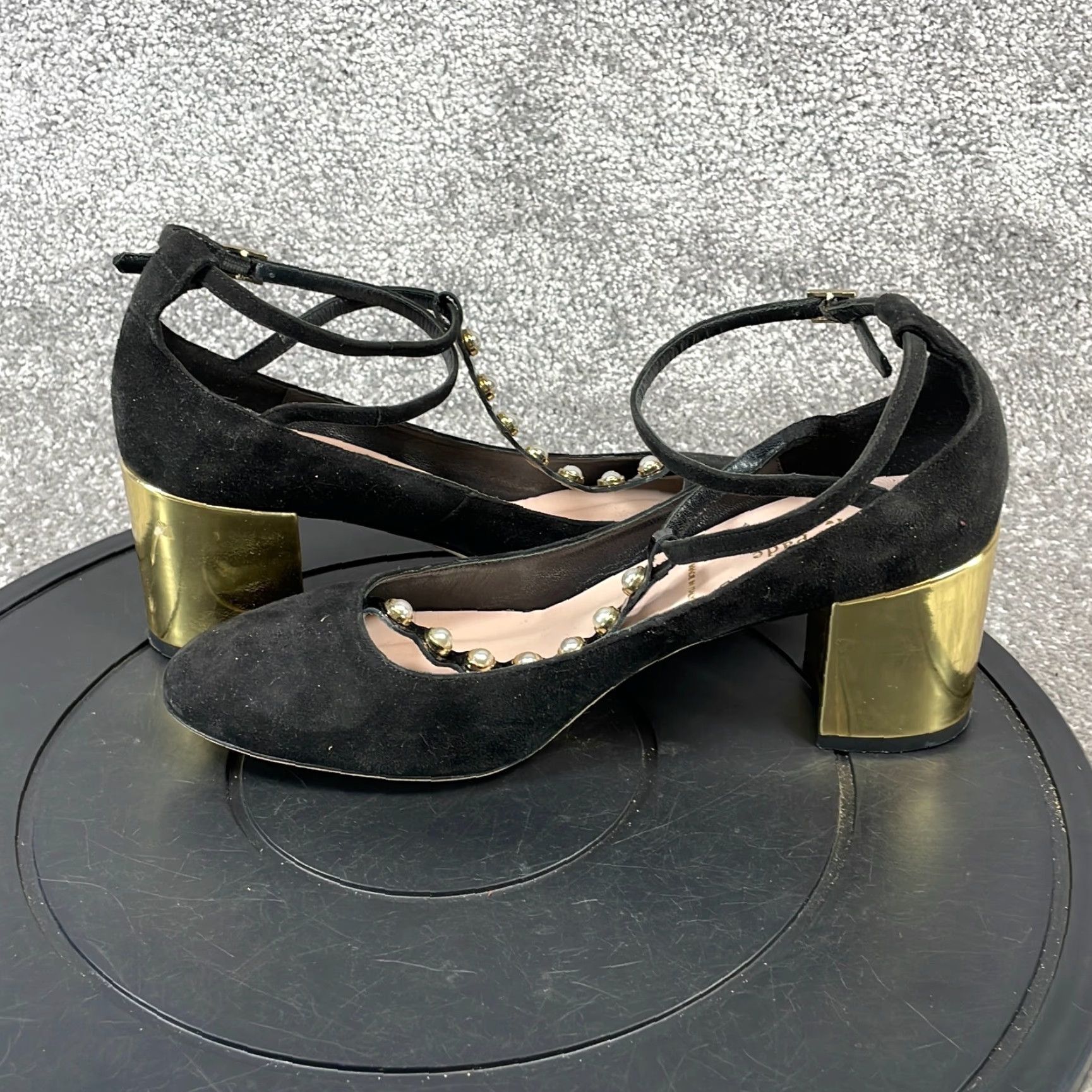 Melissa Kate Spade Heels Women's Size 9.5 M Elissa Pearl Buckle T-Strap Black Suede Size US 10 / IT 40 - 3 Thumbnail