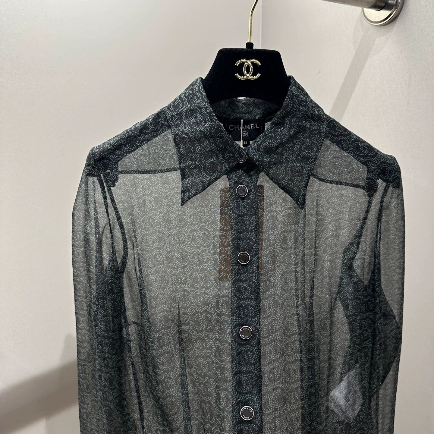 Chanel Chanel 23A Dark Green All-Over Logo Silk Shirt 36 apr101 Size XS / US 0-2 / IT 36-38 - 7 Thumbnail