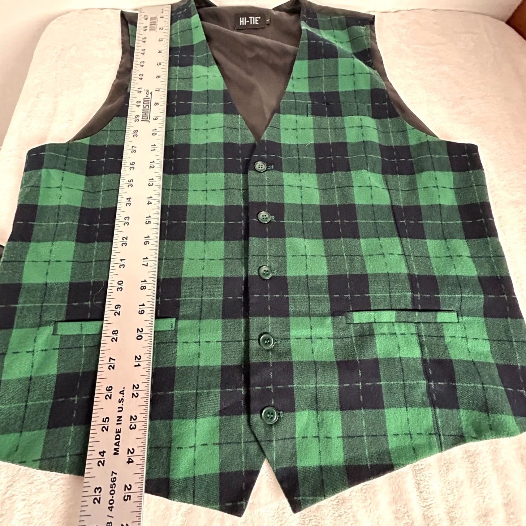 Vintage Hi-Tie Mens Green Black Tartan Plaid V-Neck Button Front Vest L Pockets Size US L / EU 52-54 / 3 - 8 Thumbnail