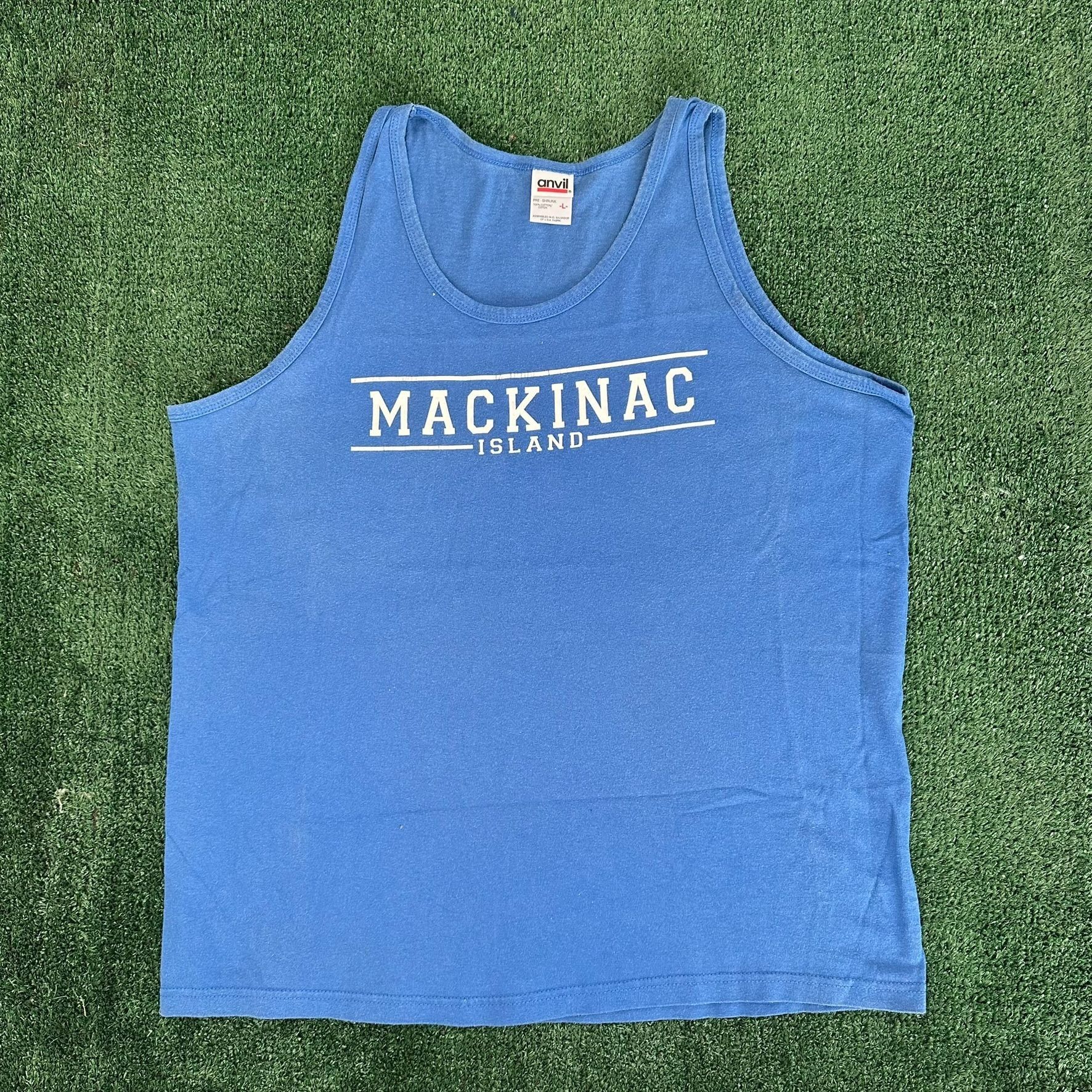 Anvil Vintage 90s Mackinac Island Tank Top Blue Single Stitch Tee Size US L / EU 52-54 / 3 - 1 Thumbnail