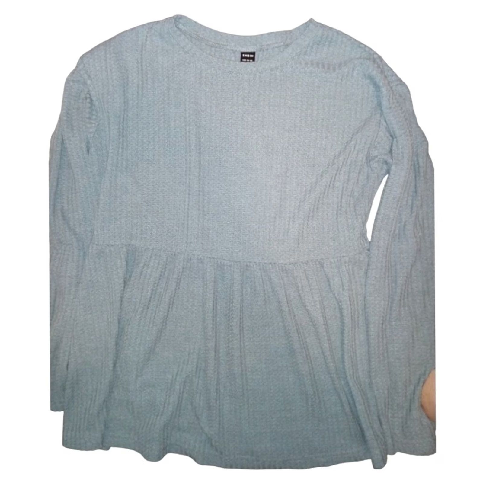 Shein SHEIN Waffle Knit Long Sleeve LARGE Blouse Women Blue Round Neck Cropped Knit Shirt L Size L / US 10 / IT 46 - 5 Thumbnail