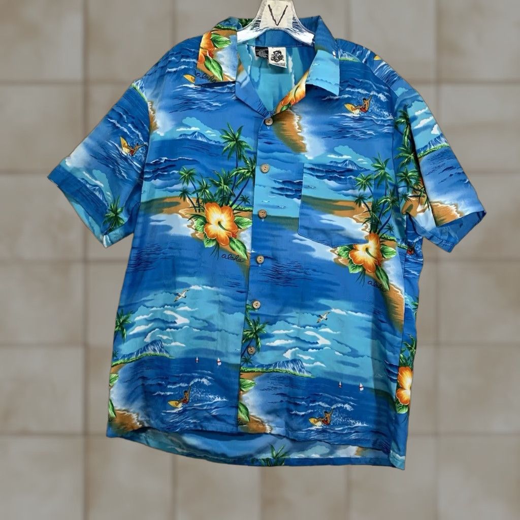 Vintage VINTAGE Kennington California Hawaiian Shirt Mens L Blue Hibiscus Surfer Wrap Button-Up Short Sleeve Floral 80s 90s Aloha Luau Vacation Hula Girl Size US L / EU 52-54 / 3 - 1 Thumbnail