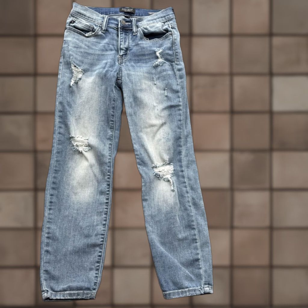 Vintage Judy Blue Jeans Womens 5/27 Blue Distressed Relaxed Straight High Rise 27x26 Denim Stretch 5-Pocket Jeans Size 27" / US 4 / IT 40 - 1 Thumbnail