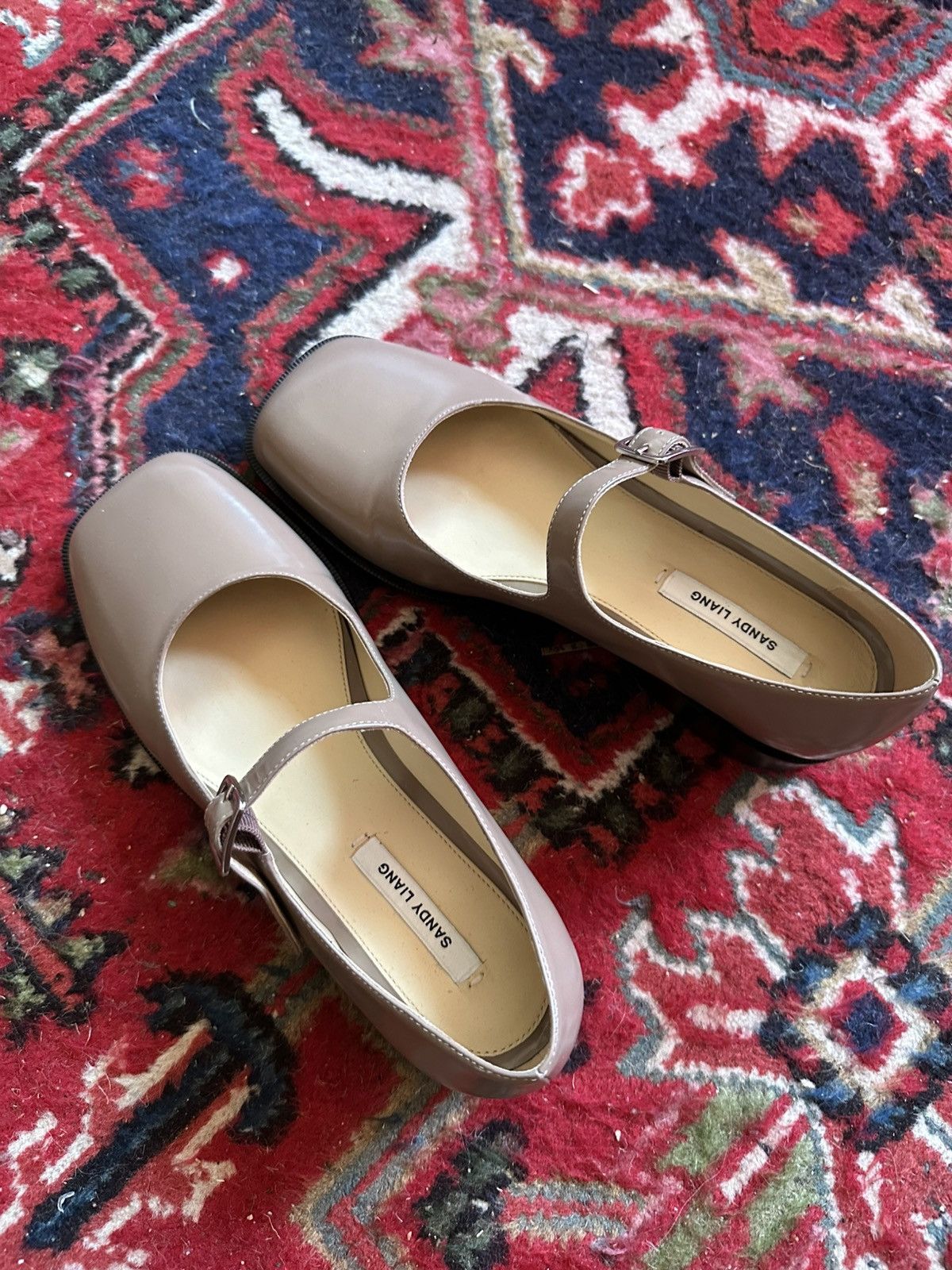 Sandy Liang Tan Leather Mary Janes Shoes in Beige, Women's (Size 7.5)