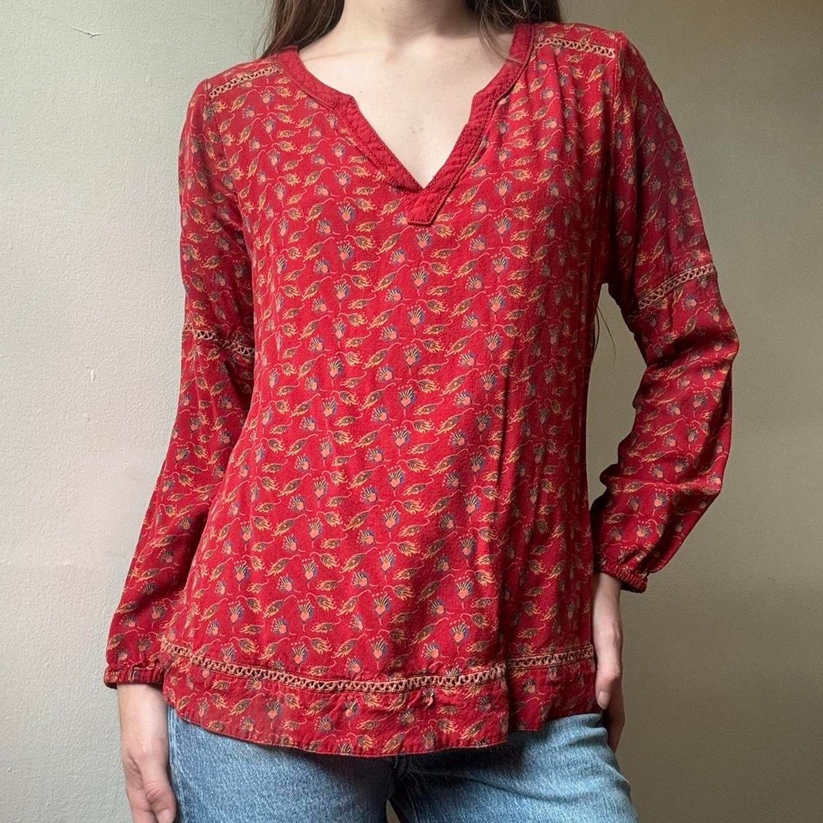 Mountain Khakis Mountain Khakis Red Peacock Feather Tunic Blouse Large Boho Size L / US 10 / IT 46 - 1 Thumbnail