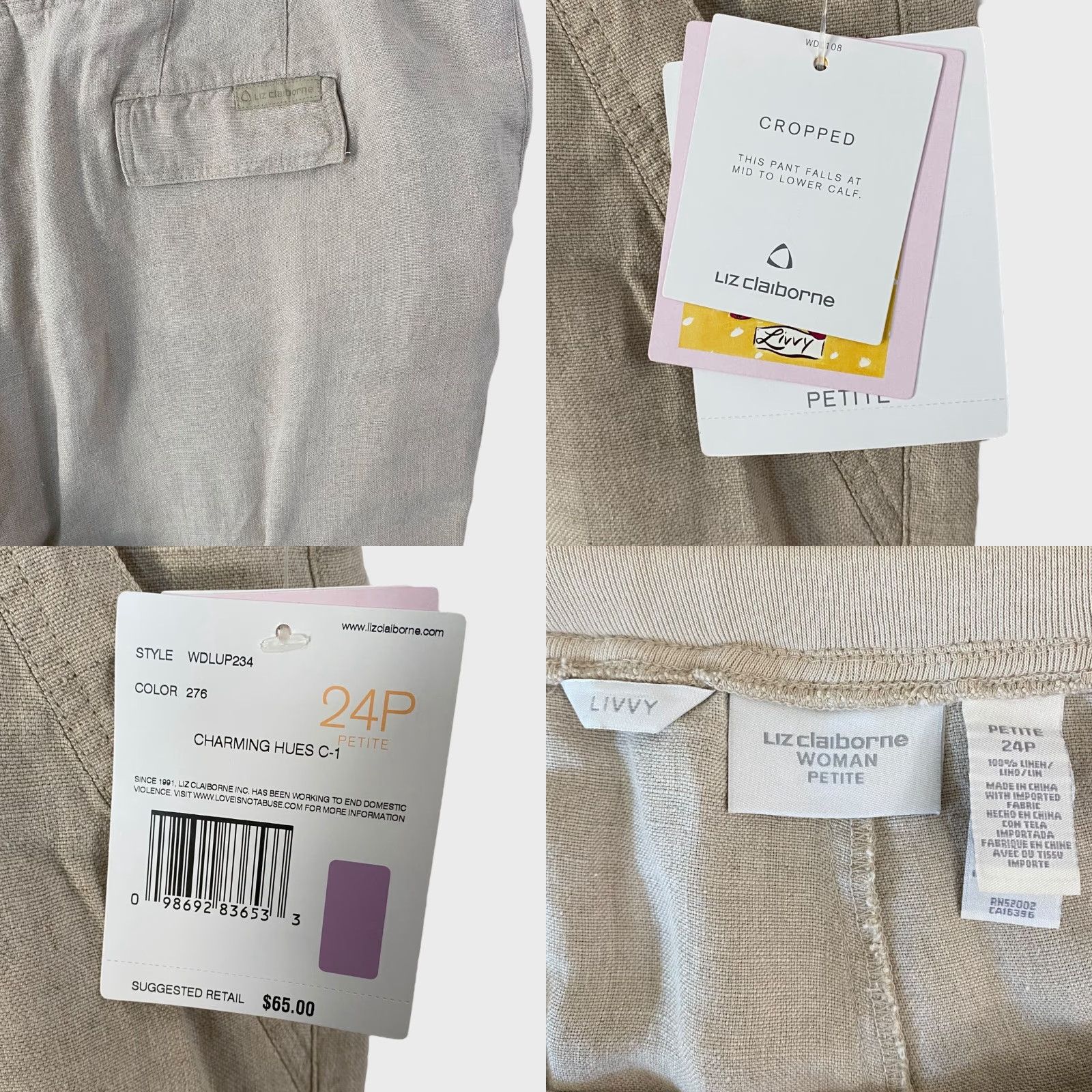 Liz Claiborne Liz Claiborne Livvy Linen Cropped Capri Pants Women's Petite 24P Tan Linen Snug Straight Cropped Pockets New With Tags Size 42" / US 20 - 8 Thumbnail
