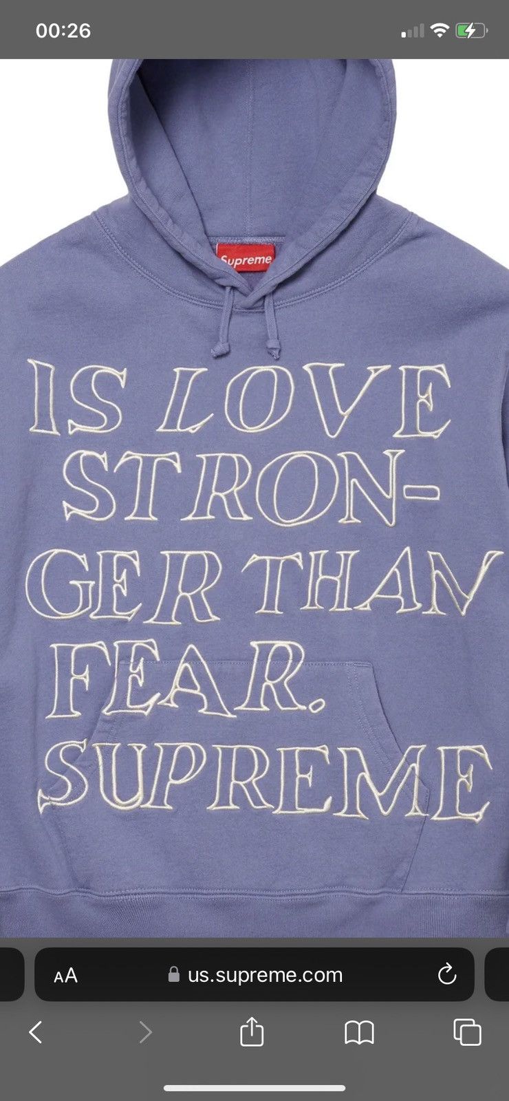 Supreme Hooded Sweatshirt Stronger Than Fear Size US S / EU 44-46 / 1 - 2 Thumbnail