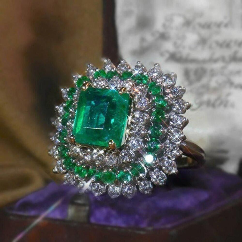 Designer Vintage Emerald & White Sapphire Silver Art Deco Ring Size ONE SIZE - 3 Thumbnail