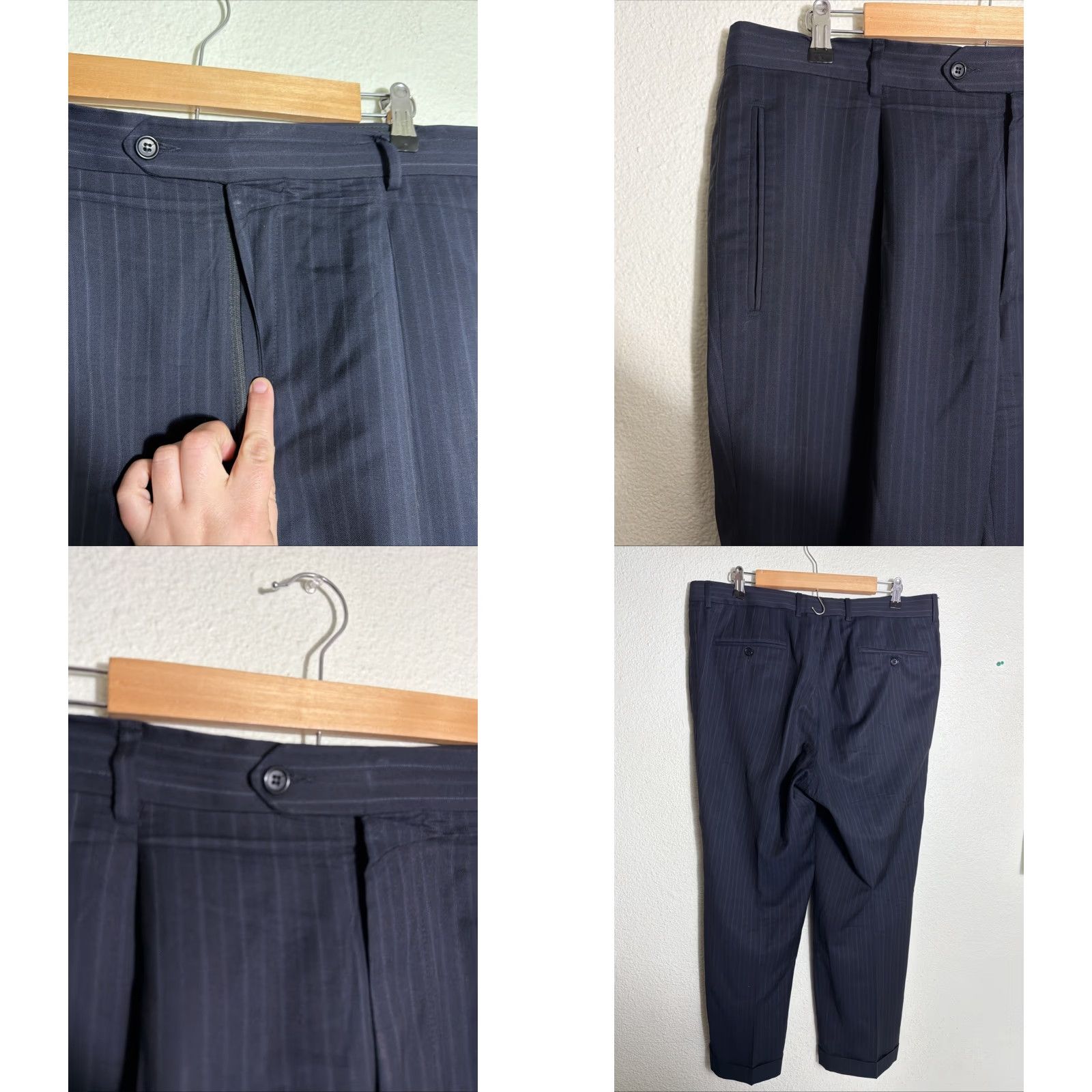 Vintage Hugo BOSS Wool Pleated Pants Mens 36x28 Black Blue Pinstripe Cuff Dress Pants Size US 36 / EU 52 - 8 Thumbnail