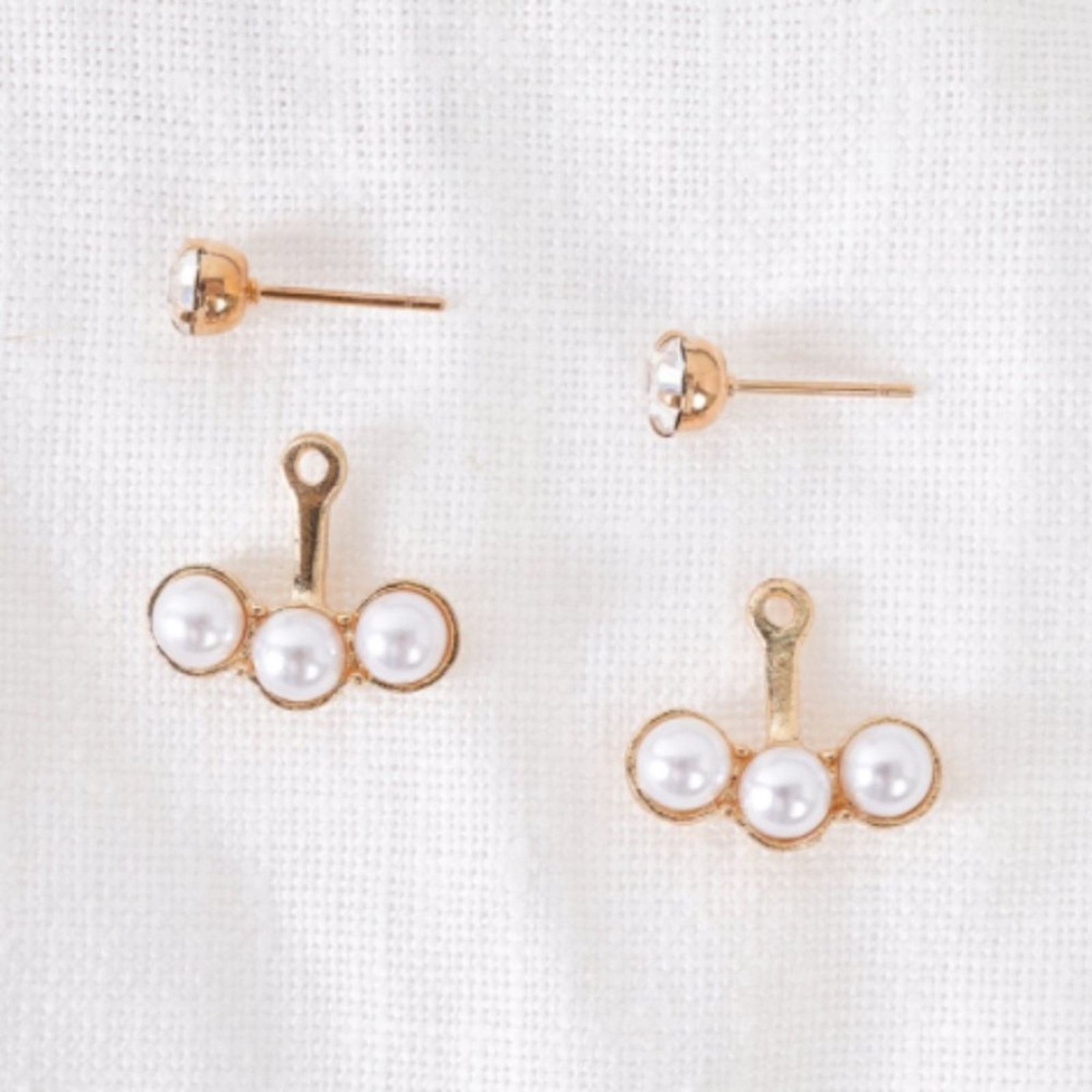 Other Front Back Gold Tripple Pearl Faux Diamond Stud Earrings Size ONE SIZE - 3 Thumbnail